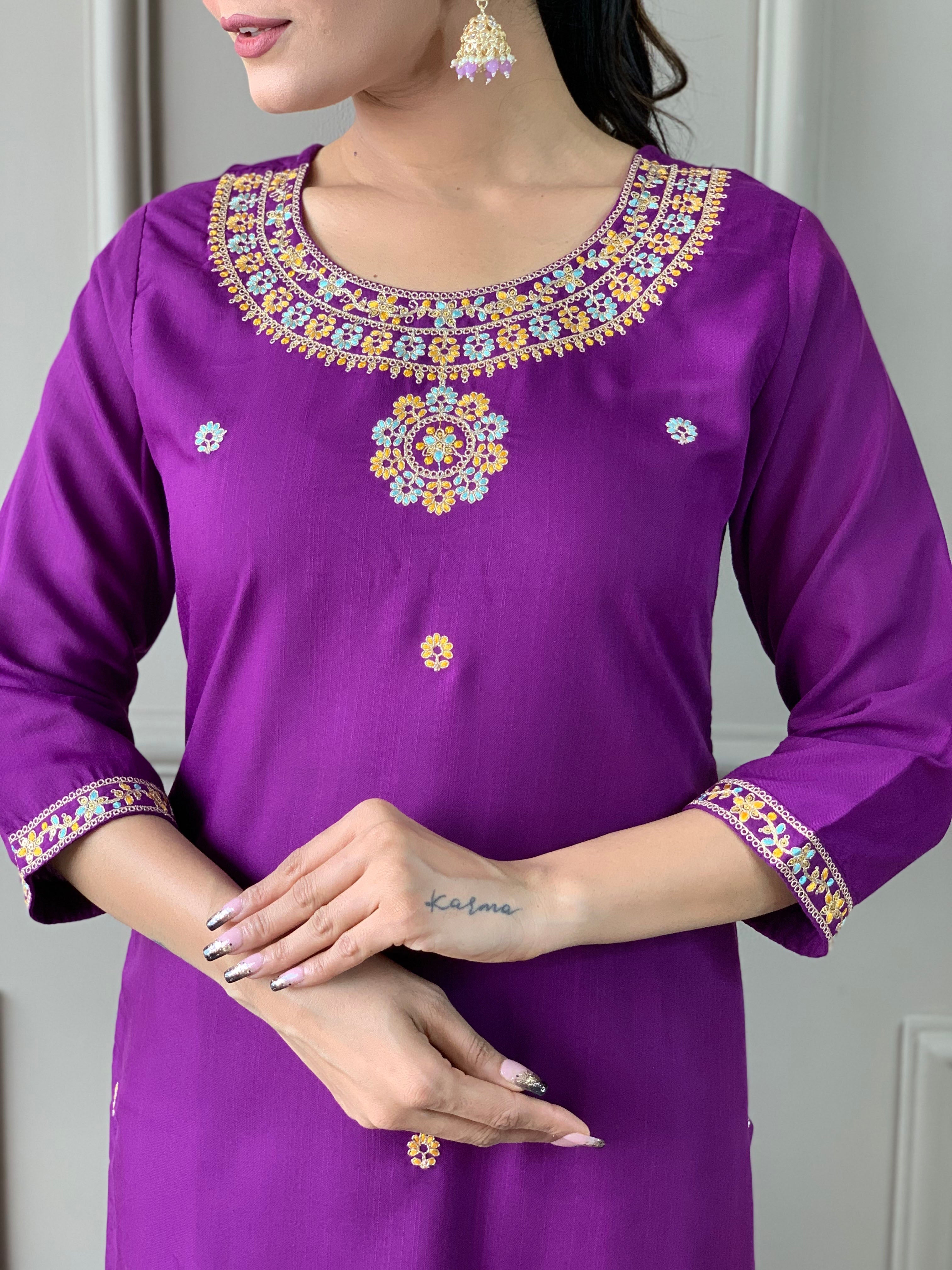 Women's  Rayon Slub  Embroidered Straight Kurta with  Rayon Slub  Pant & Organza Printed Dupatta Set