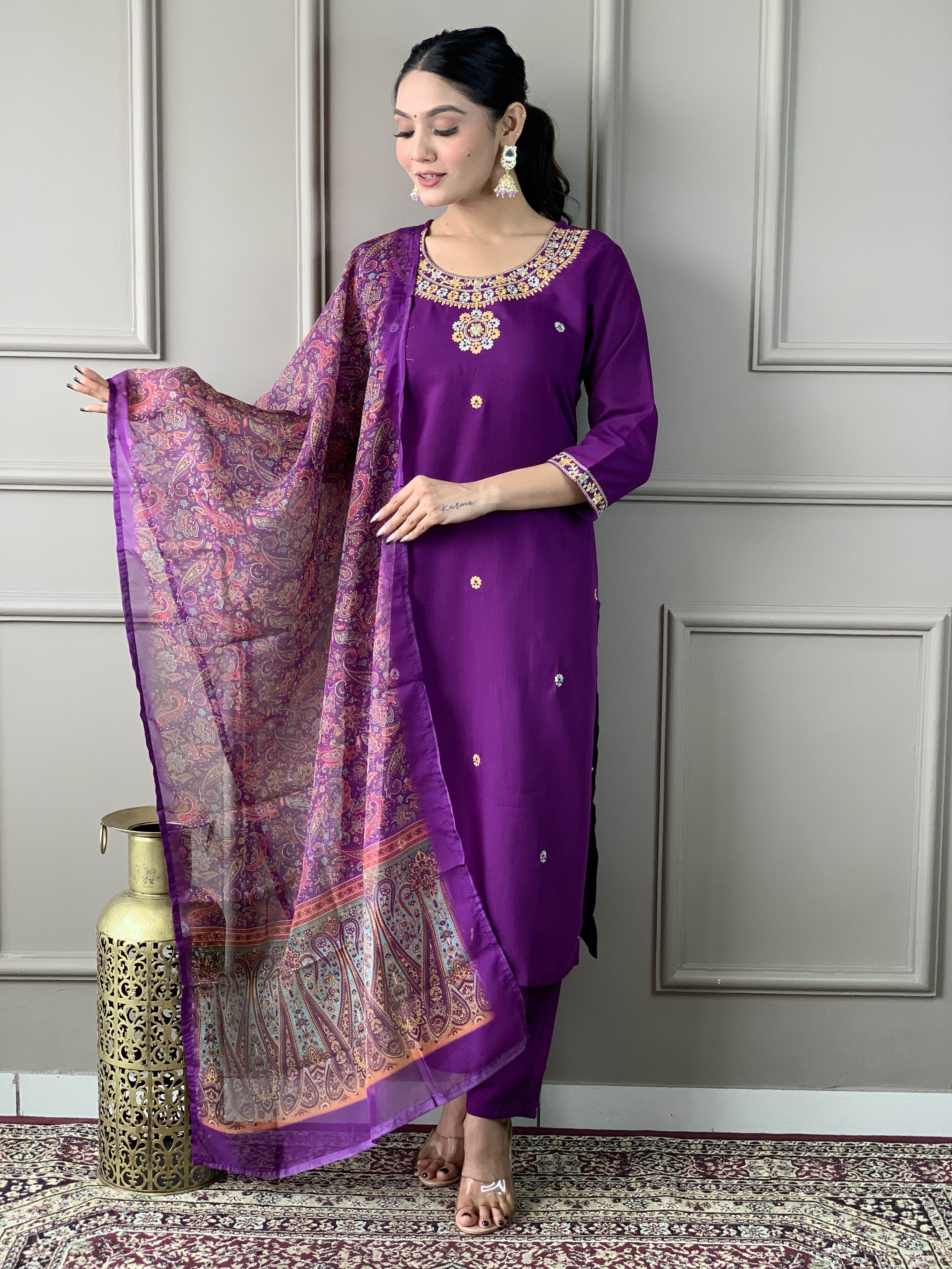 Women's  Rayon Slub  Embroidered Straight Kurta with  Rayon Slub  Pant & Organza Printed Dupatta Set