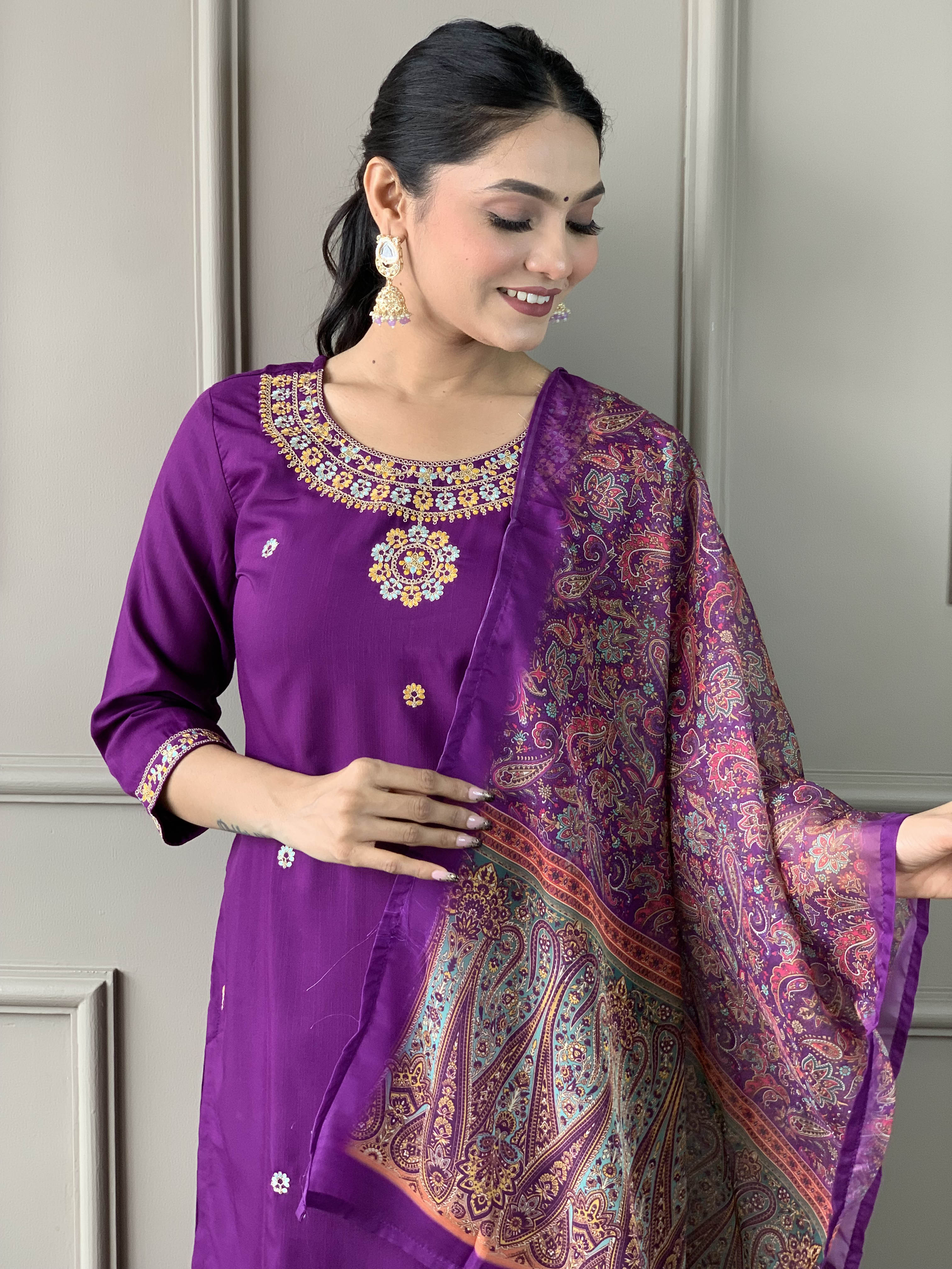 Women's  Rayon Slub  Embroidered Straight Kurta with  Rayon Slub  Pant & Organza Printed Dupatta Set