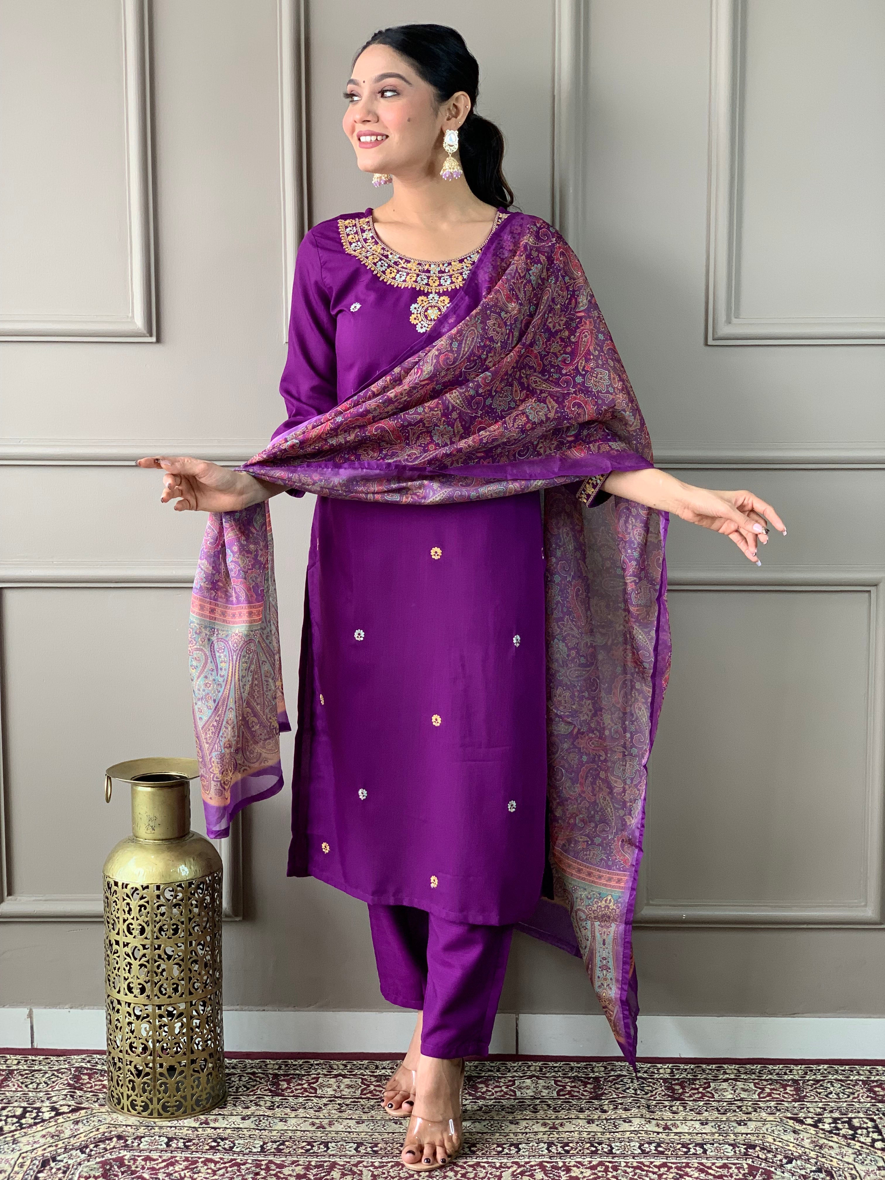 Women's  Rayon Slub  Embroidered Straight Kurta with  Rayon Slub  Pant & Organza Printed Dupatta Set