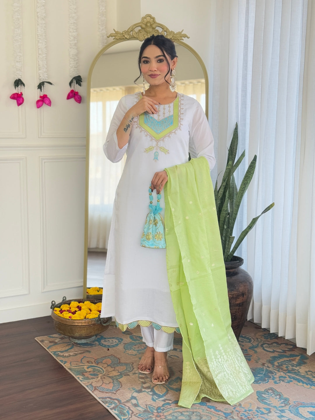 Women's  Chanderi Viscose Embroidered Straight Kurta with Chanderi Viscose Pant And Jacquard Embroidered Dupatta Sets