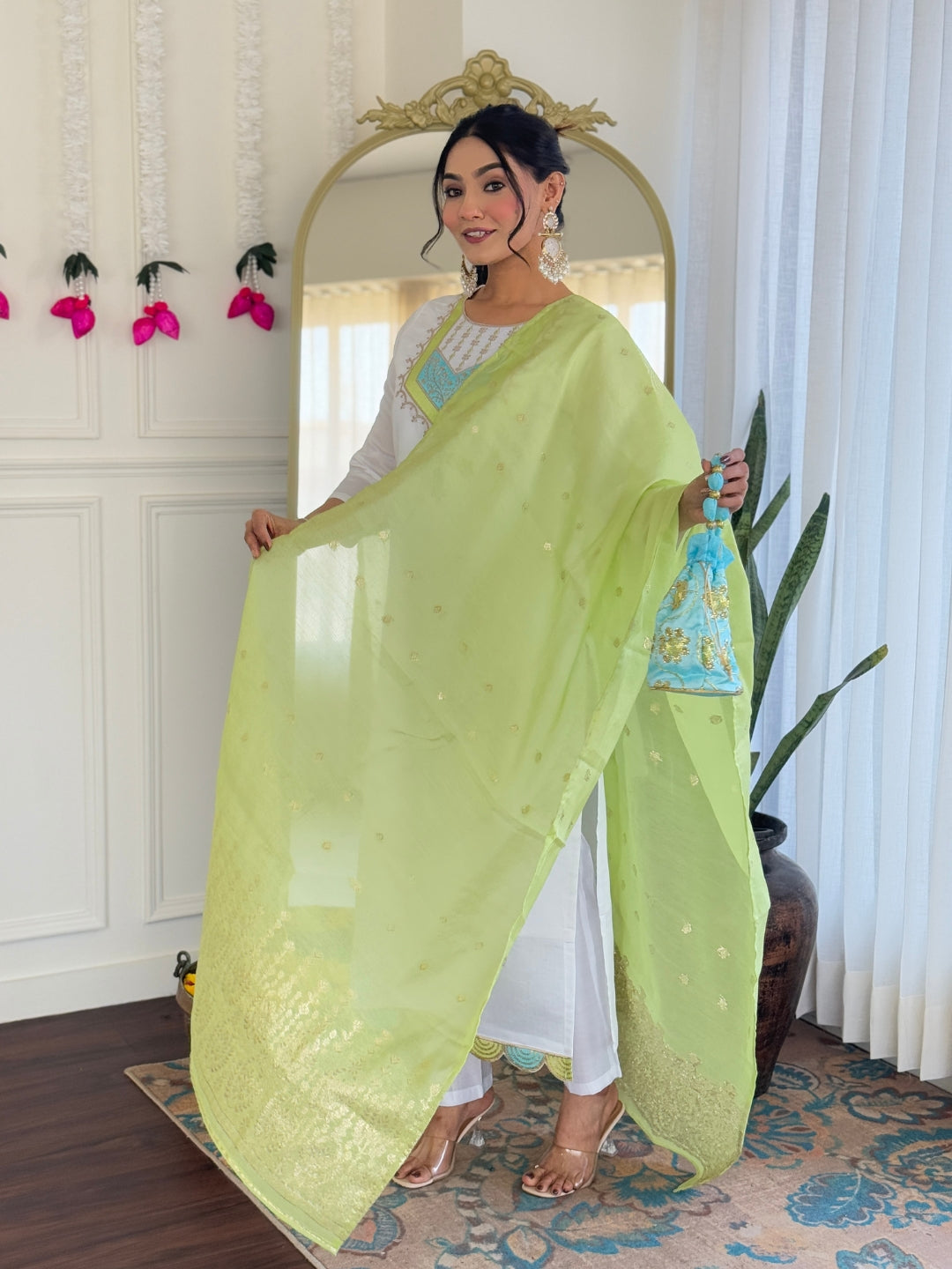 Women's  Chanderi Viscose Embroidered Straight Kurta with Chanderi Viscose Pant And Jacquard Embroidered Dupatta Sets