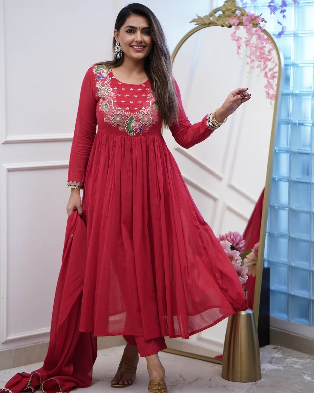 Stylish Womens Chinnon Embroidered Work with Anarkali Kurti Pant and Embroidered with Lace Work Two Side Dupatta Set