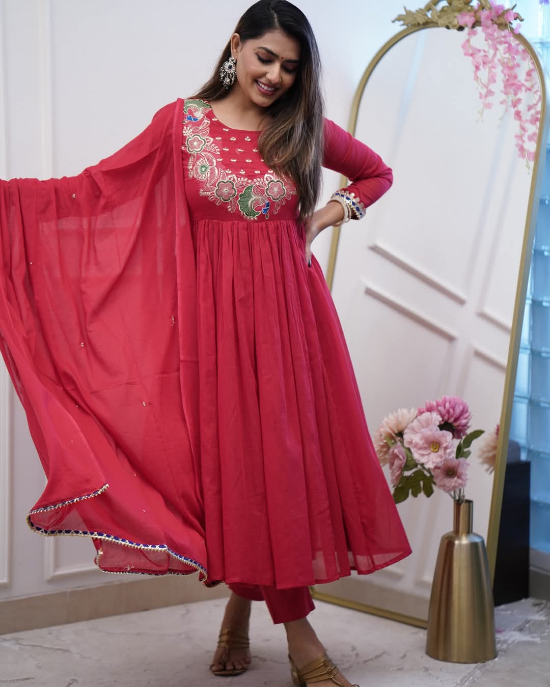 Stylish Womens Chinnon Embroidered Work with Anarkali Kurti Pant and Embroidered with Lace Work Two Side Dupatta Set