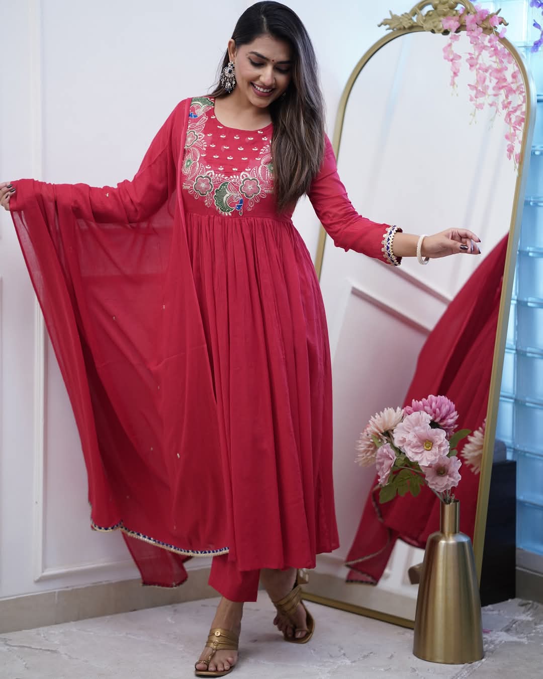 Stylish Womens Chinnon Embroidered Work with Anarkali Kurti Pant and Embroidered with Lace Work Two Side Dupatta Set