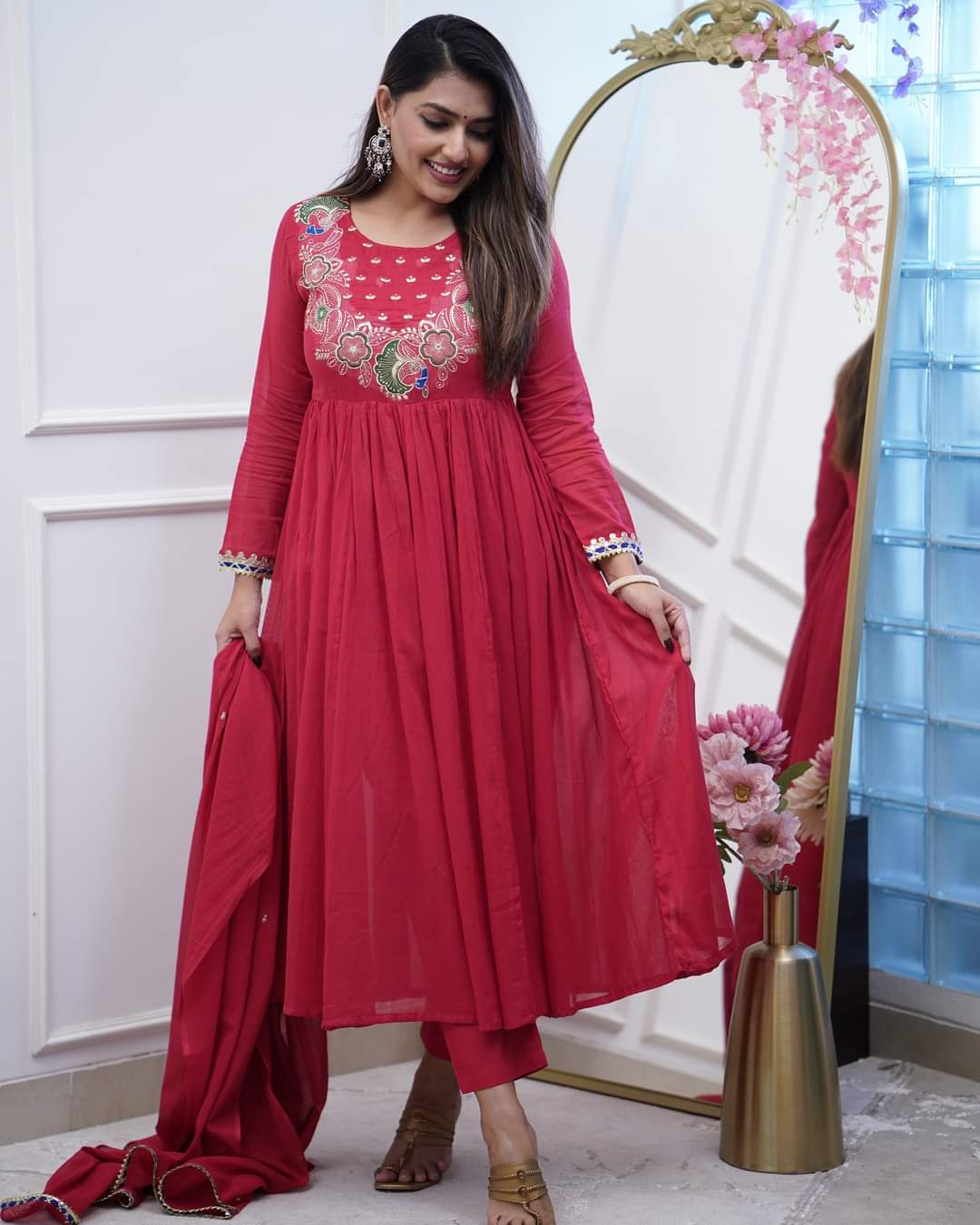 Stylish Womens Chinnon Embroidered Work with Anarkali Kurti Pant and Embroidered with Lace Work Two Side Dupatta Set