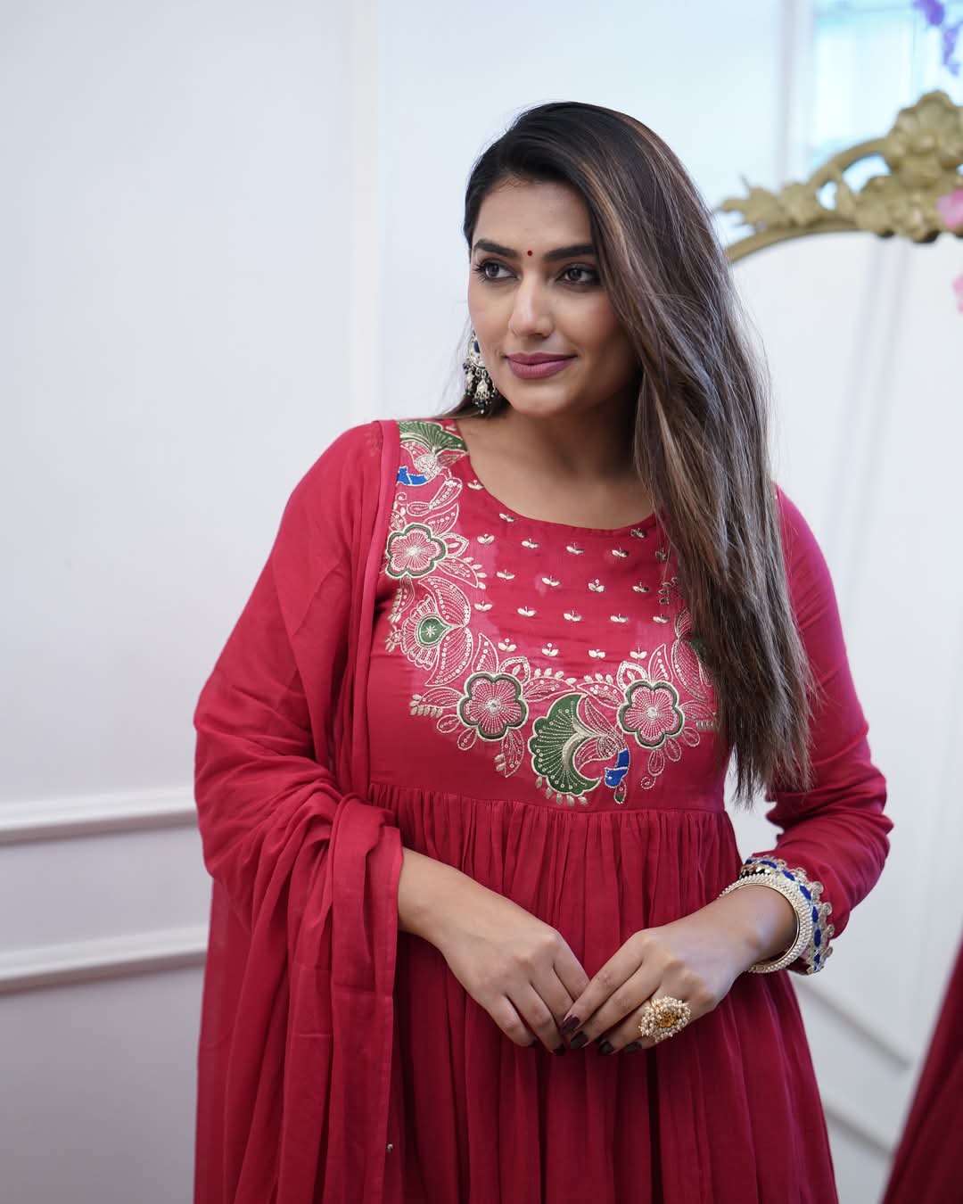 Stylish Womens Chinnon Embroidered Work with Anarkali Kurti Pant and Embroidered with Lace Work Two Side Dupatta Set