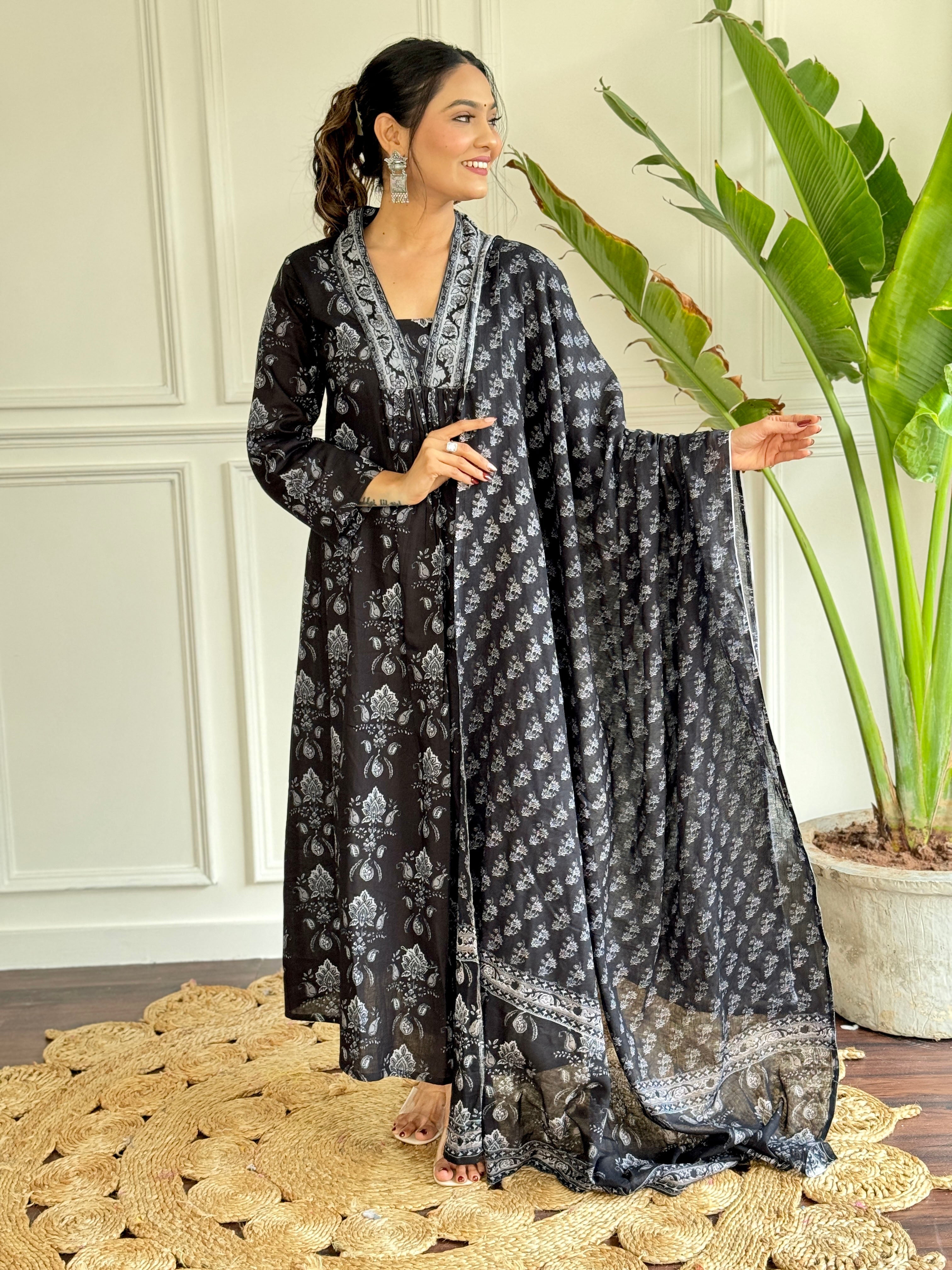 Women's Wear Black Color Cotton Embroidered Flared Kurta, Pant and Dupatta Set