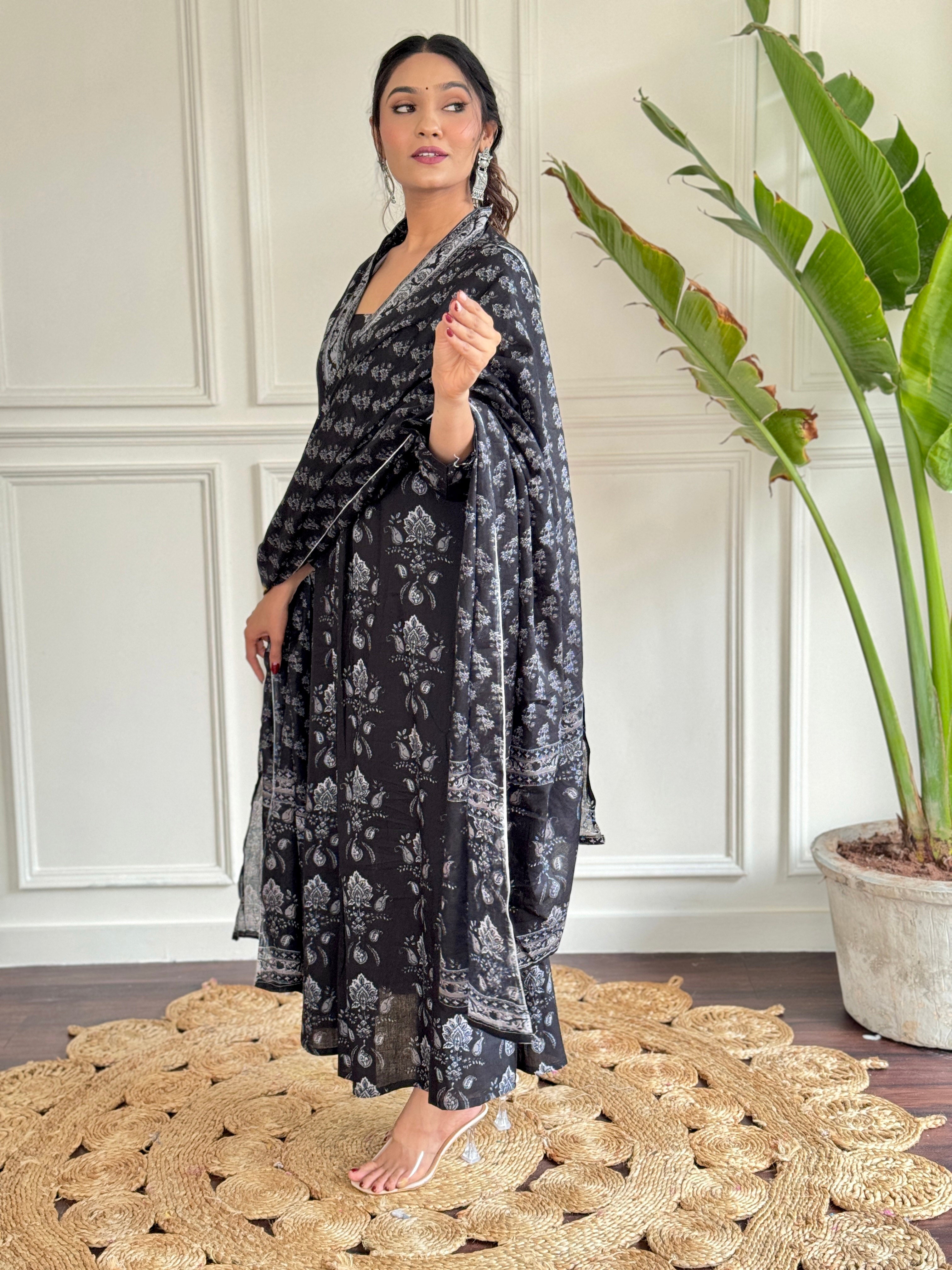 Women's Wear Black Color Cotton Embroidered Flared Kurta, Pant and Dupatta Set