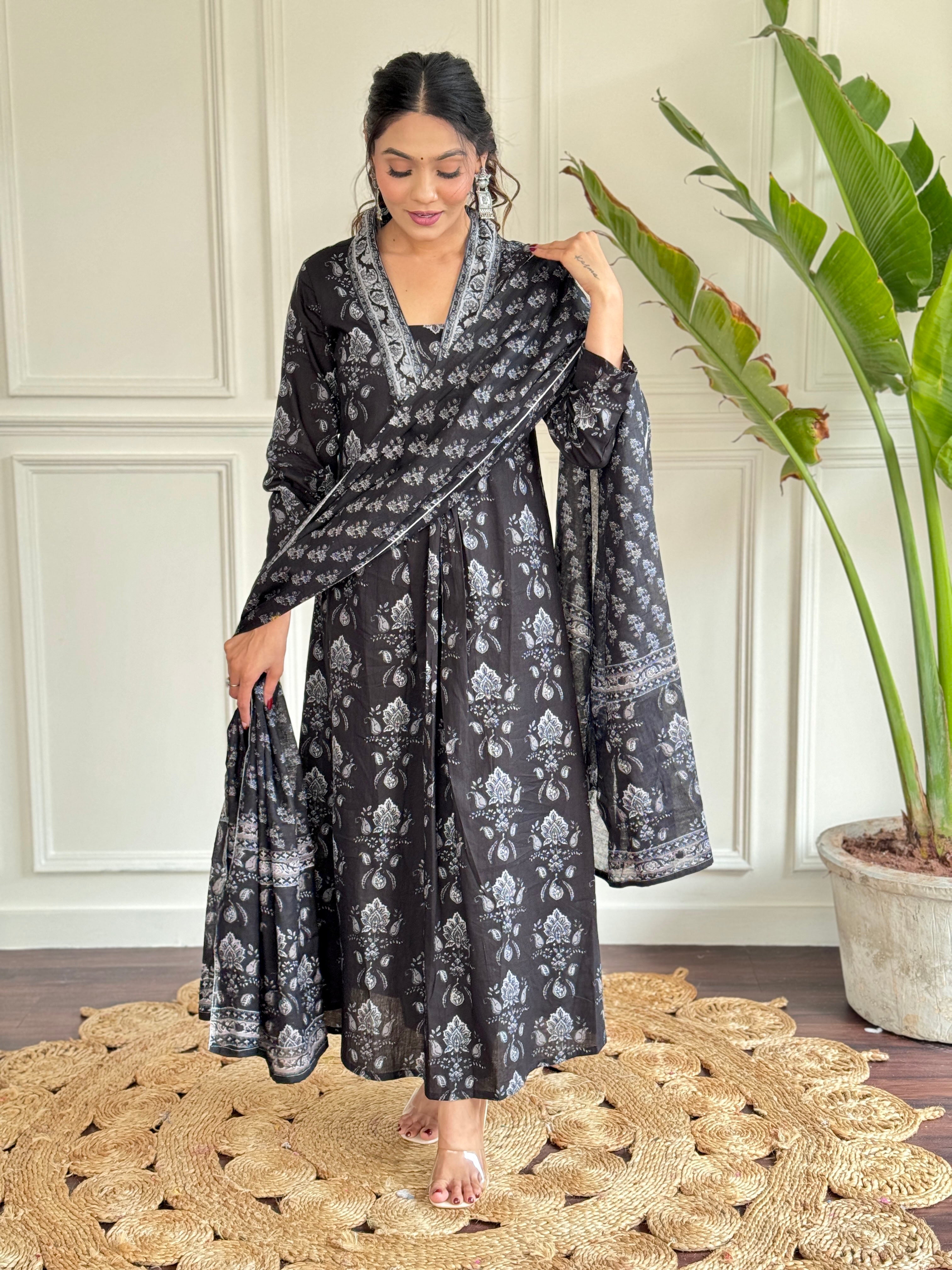 Women's Wear Black Color Cotton Embroidered Flared Kurta, Pant and Dupatta Set