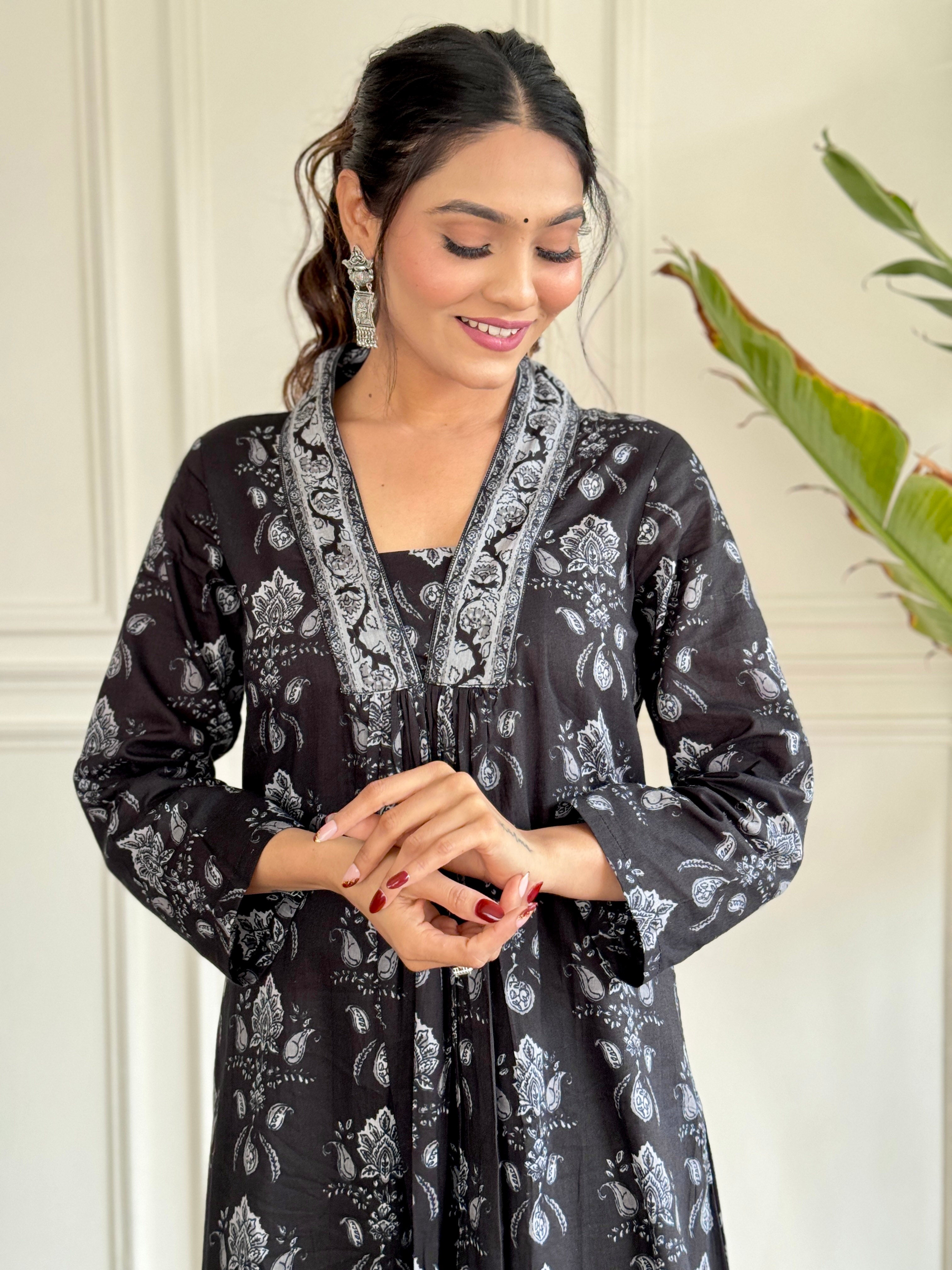 Women's Wear Black Color Cotton Embroidered Flared Kurta, Pant and Dupatta Set