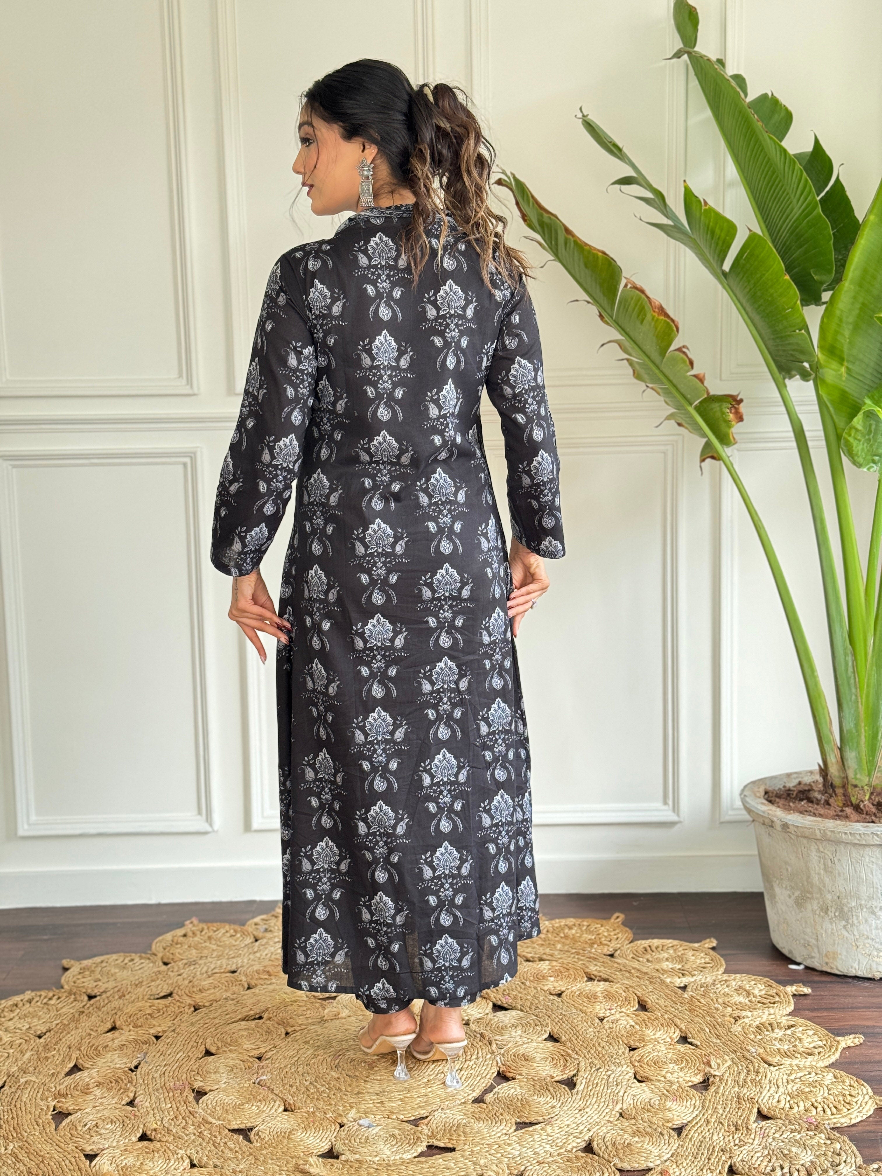Women's Wear Black Color Cotton Embroidered Flared Kurta, Pant and Dupatta Set