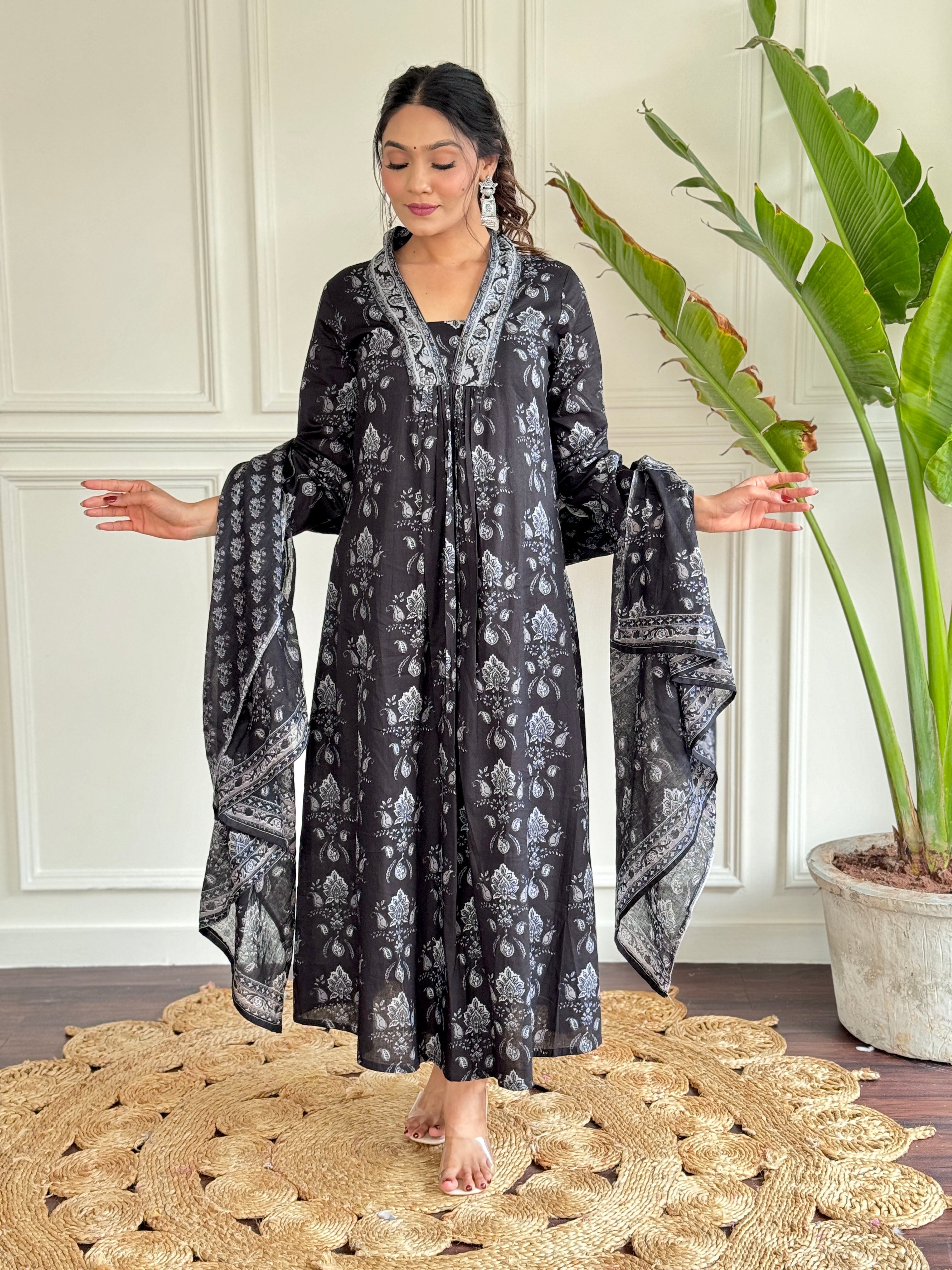 Women's Wear Black Color Cotton Embroidered Flared Kurta, Pant and Dupatta Set