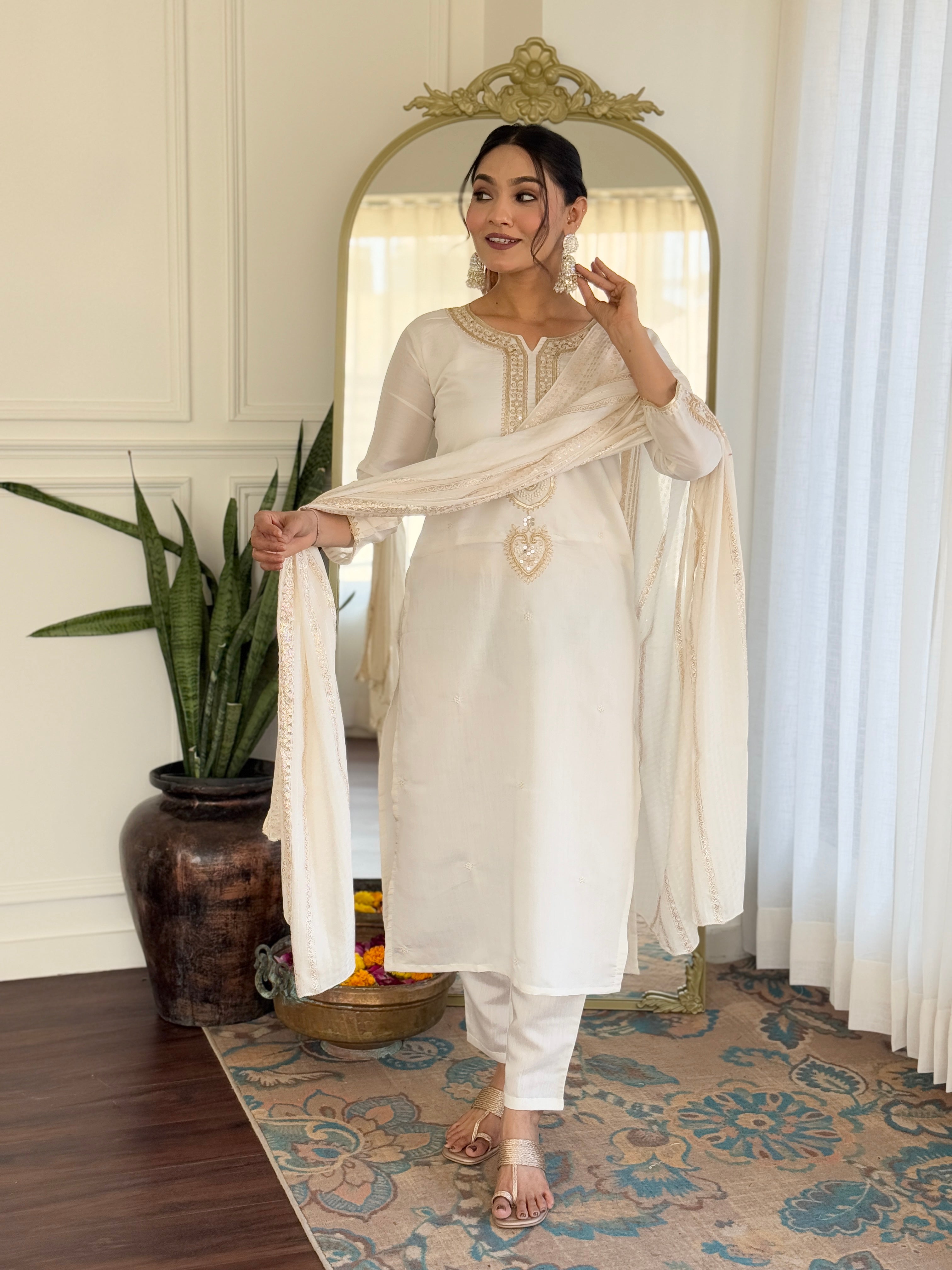 Off White Floral Embroidered Viscose Chanderi Kurta with Trousers & With jacquard Dupatta