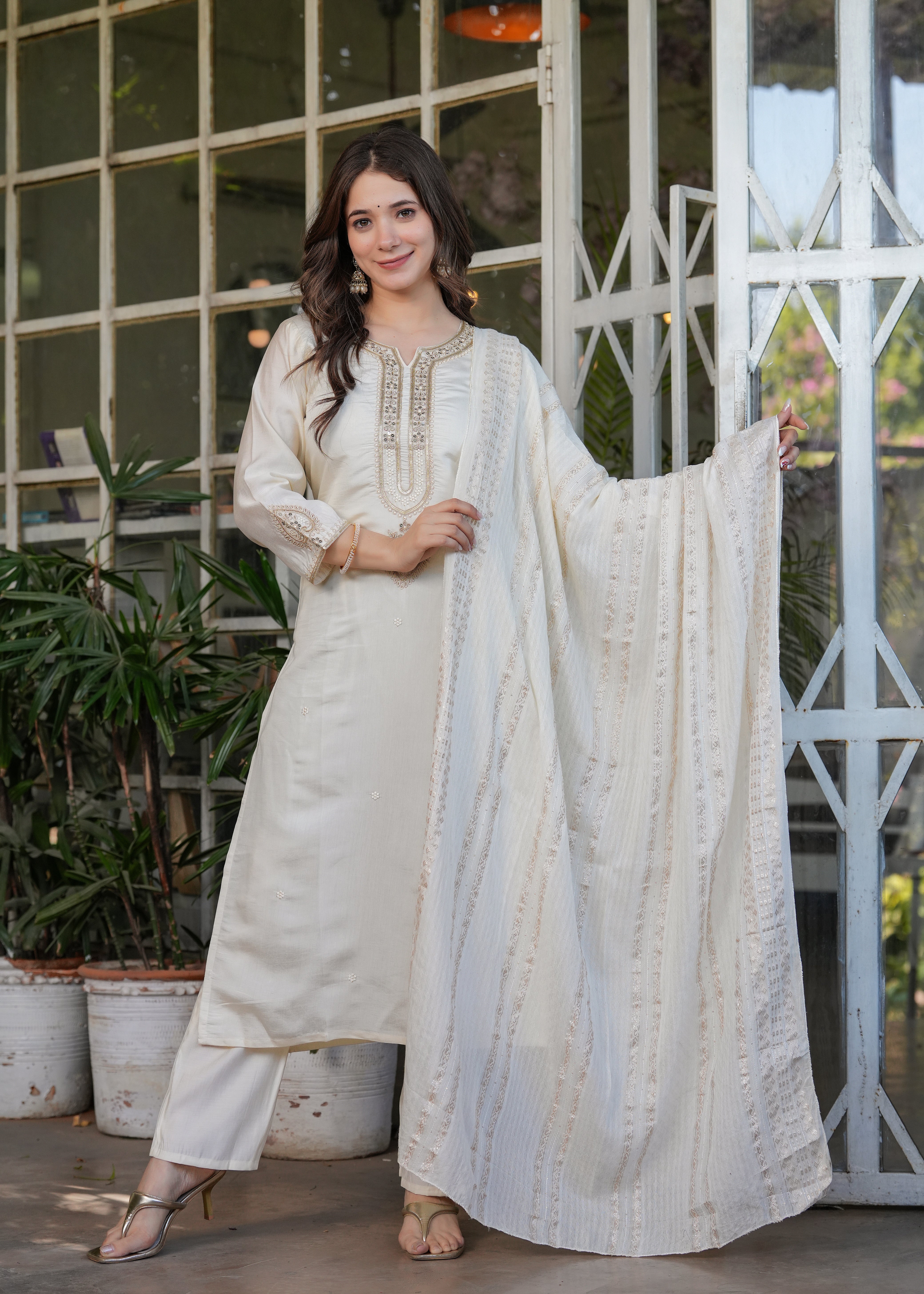 Viscose Chanderi Sequins And Embroidery Work Festive Wear Kurta With Bottom And Dupatta