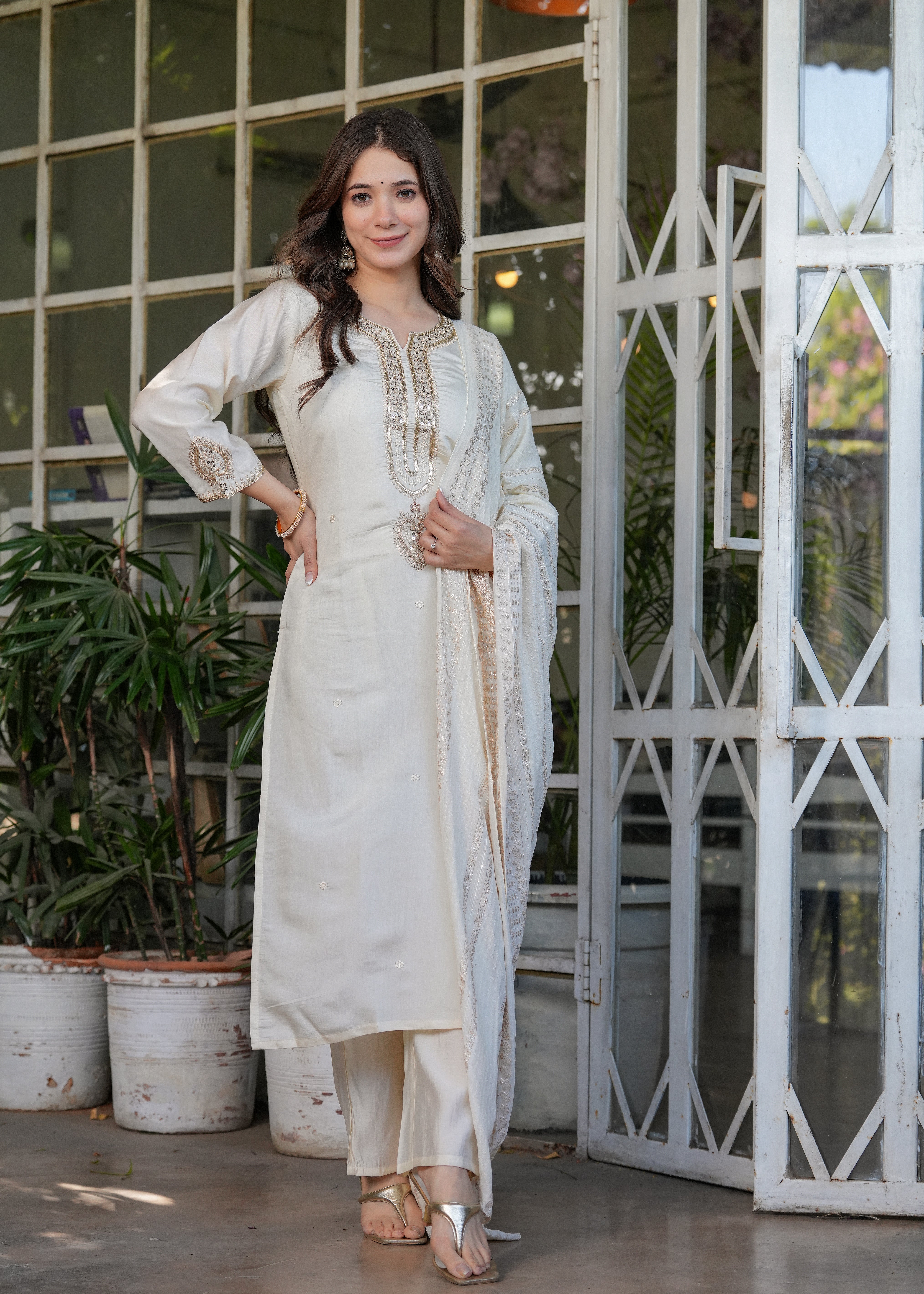 Viscose Chanderi Sequins And Embroidery Work Festive Wear Kurta With Bottom And Dupatta