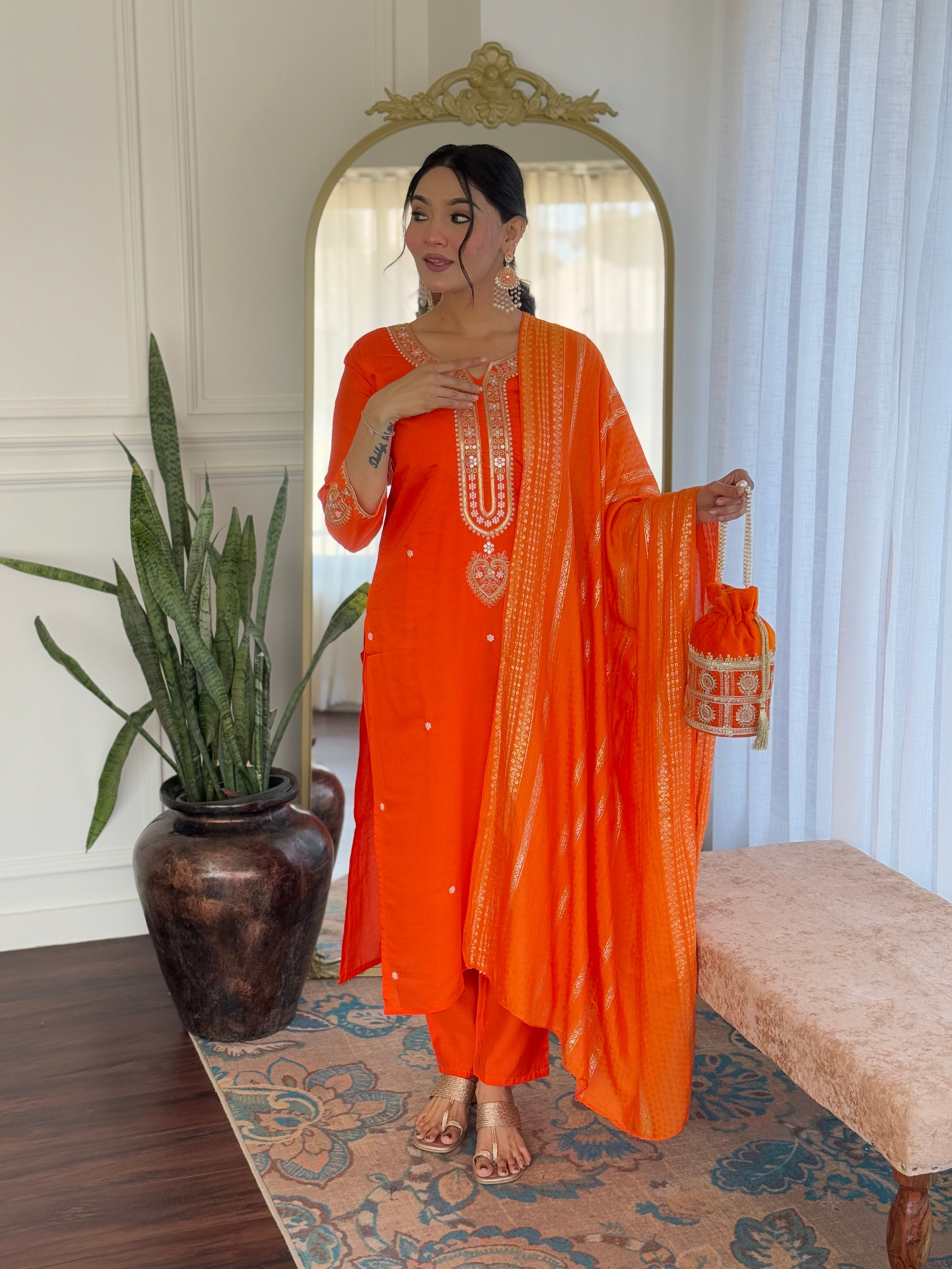 Off White Floral Embroidered Viscose Chanderi Kurta with Trousers & With jacquard Dupatta