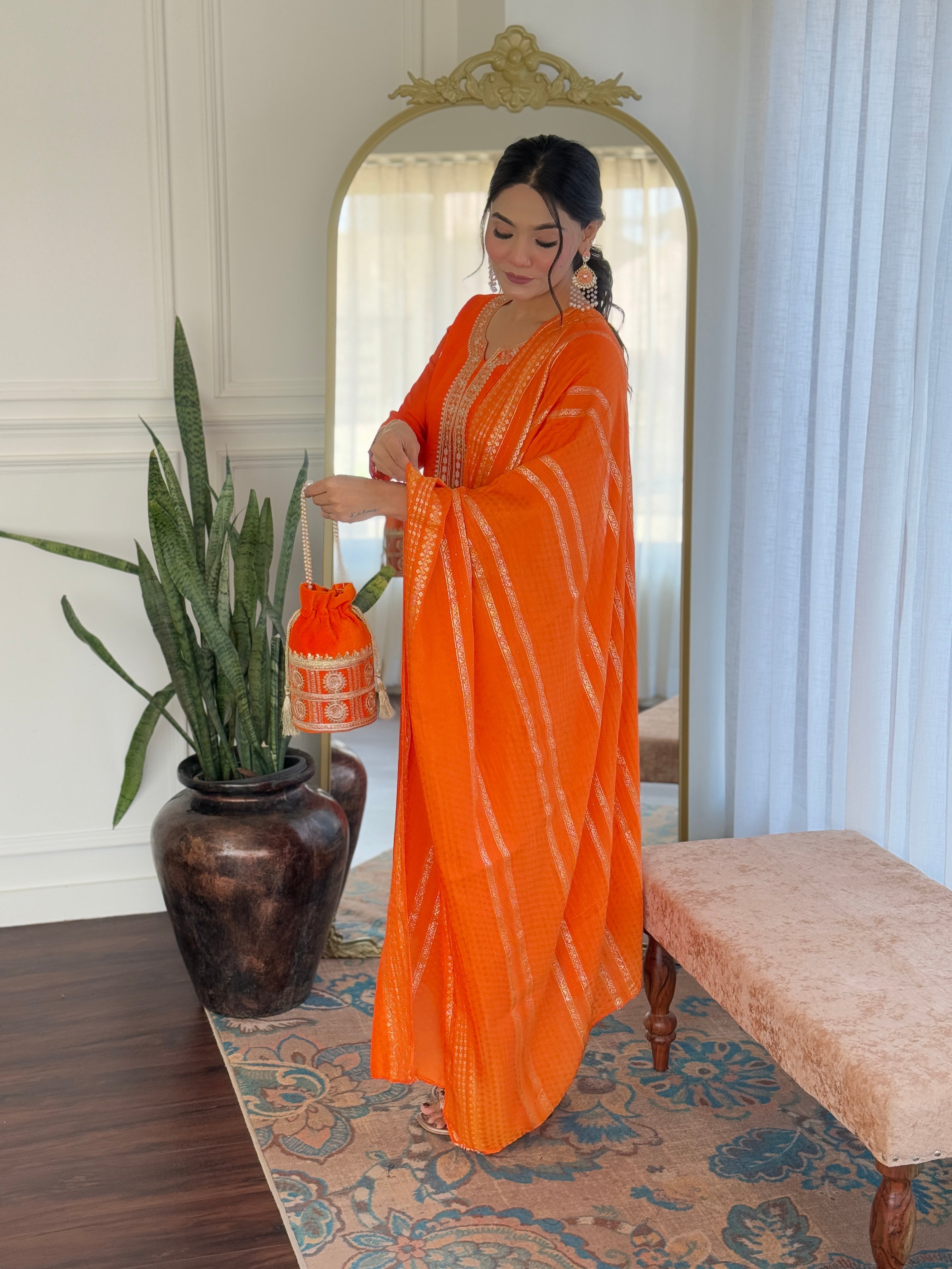 Off White Floral Embroidered Viscose Chanderi Kurta with Trousers & With jacquard Dupatta