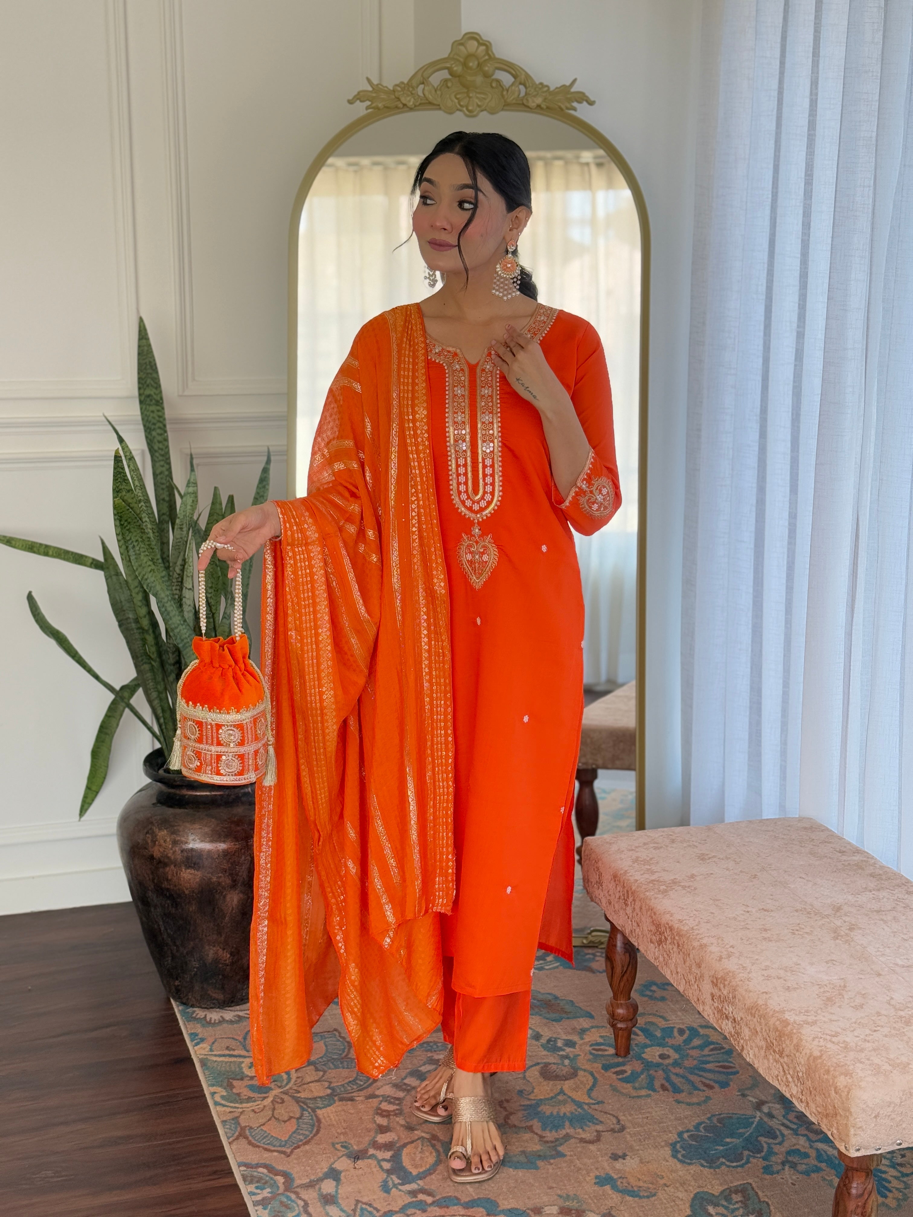 Off White Floral Embroidered Viscose Chanderi Kurta with Trousers & With jacquard Dupatta