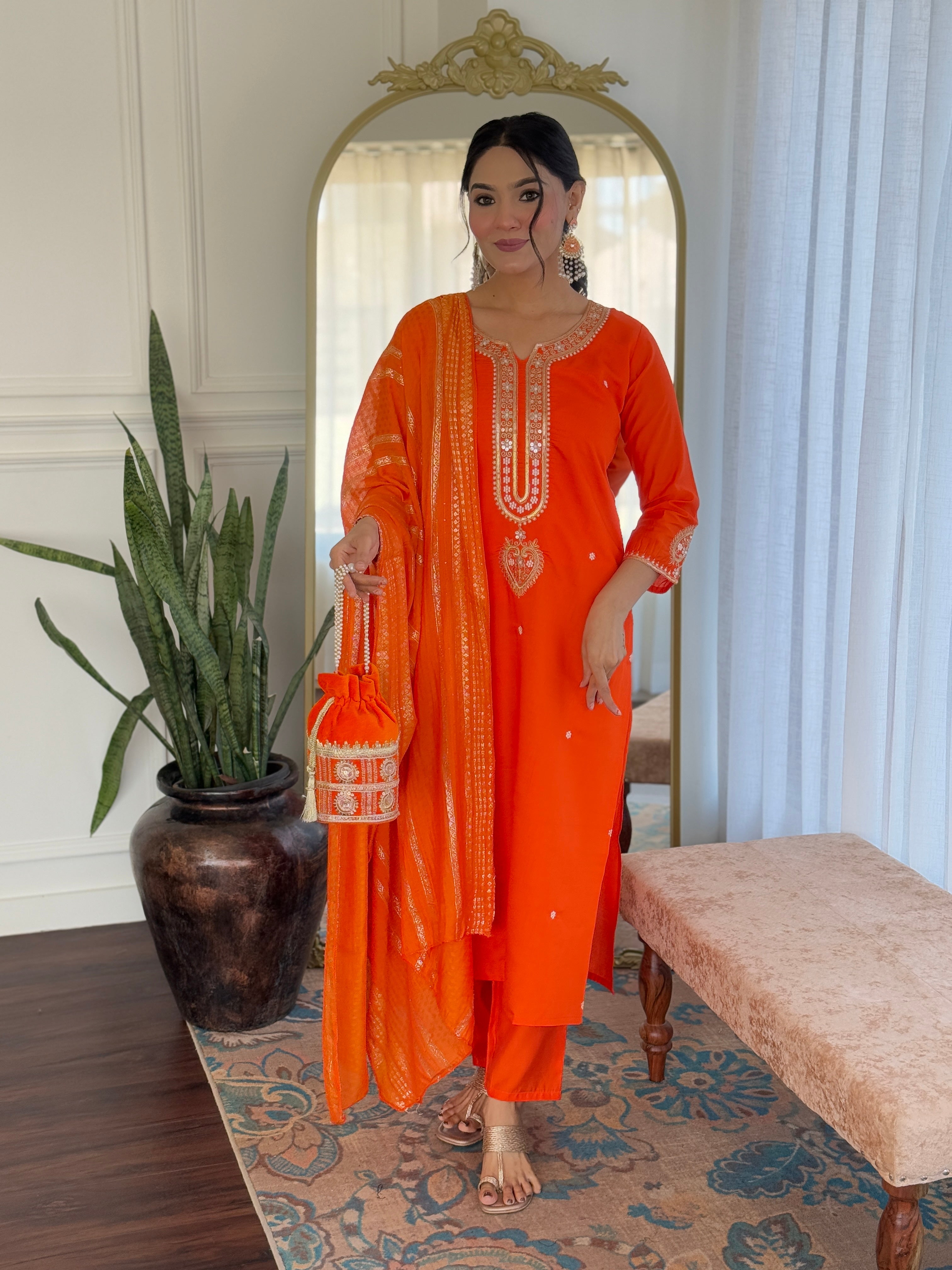 Off White Floral Embroidered Viscose Chanderi Kurta with Trousers & With jacquard Dupatta