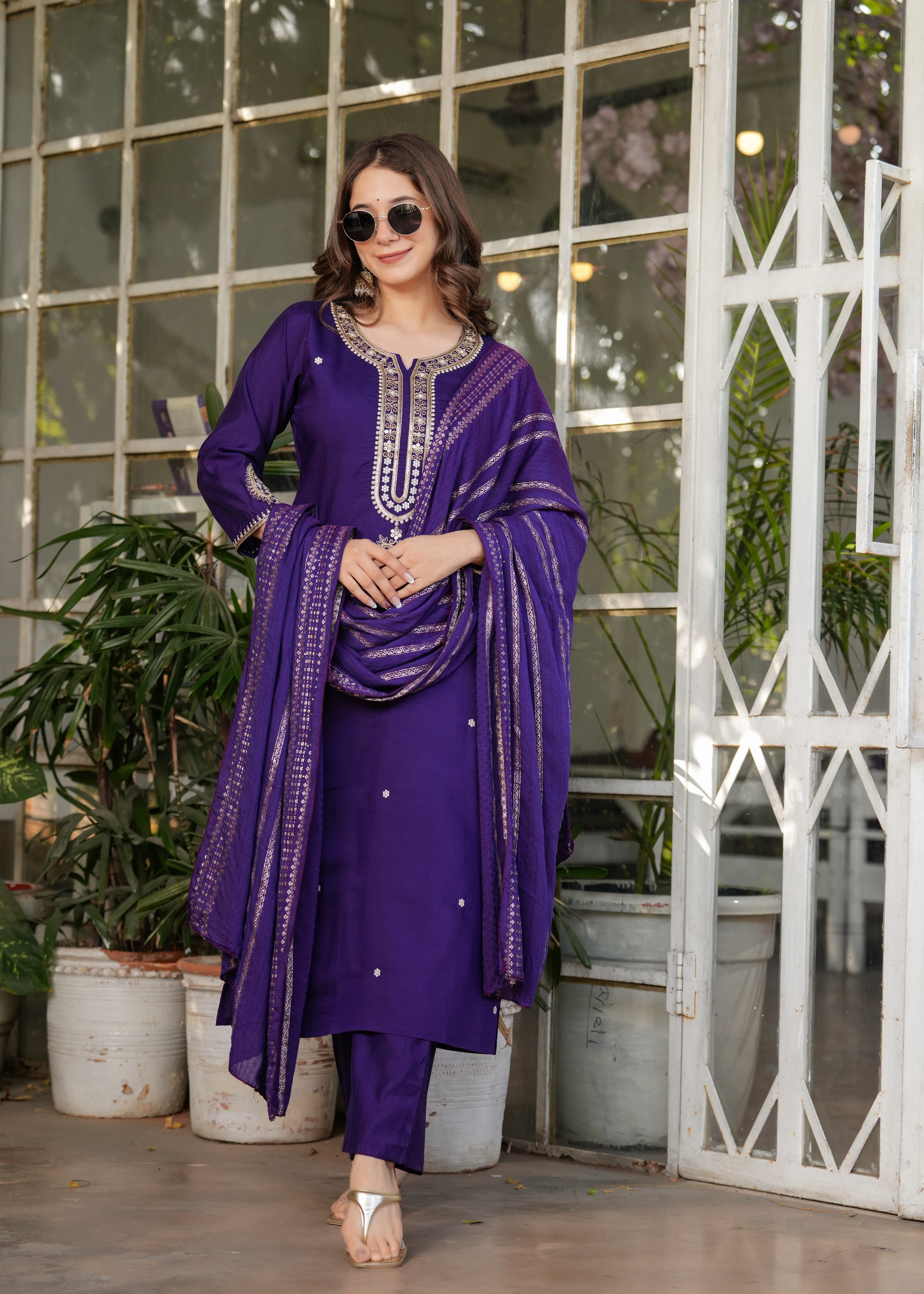 Viscose Chanderi Sequins And Embroidery Work Festive Wear Kurta With Bottom And Dupatta