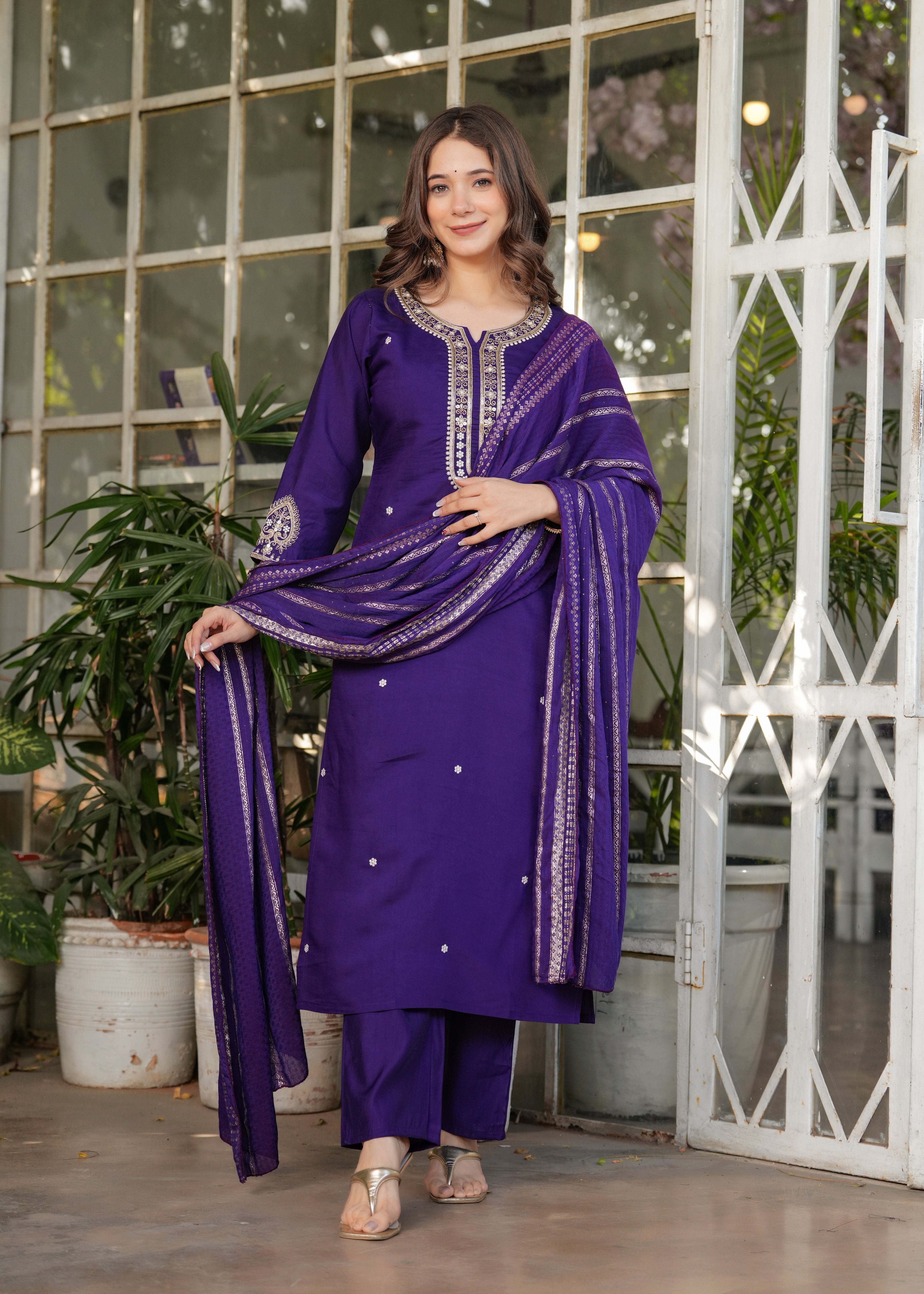 Viscose Chanderi Sequins And Embroidery Work Festive Wear Kurta With Bottom And Dupatta