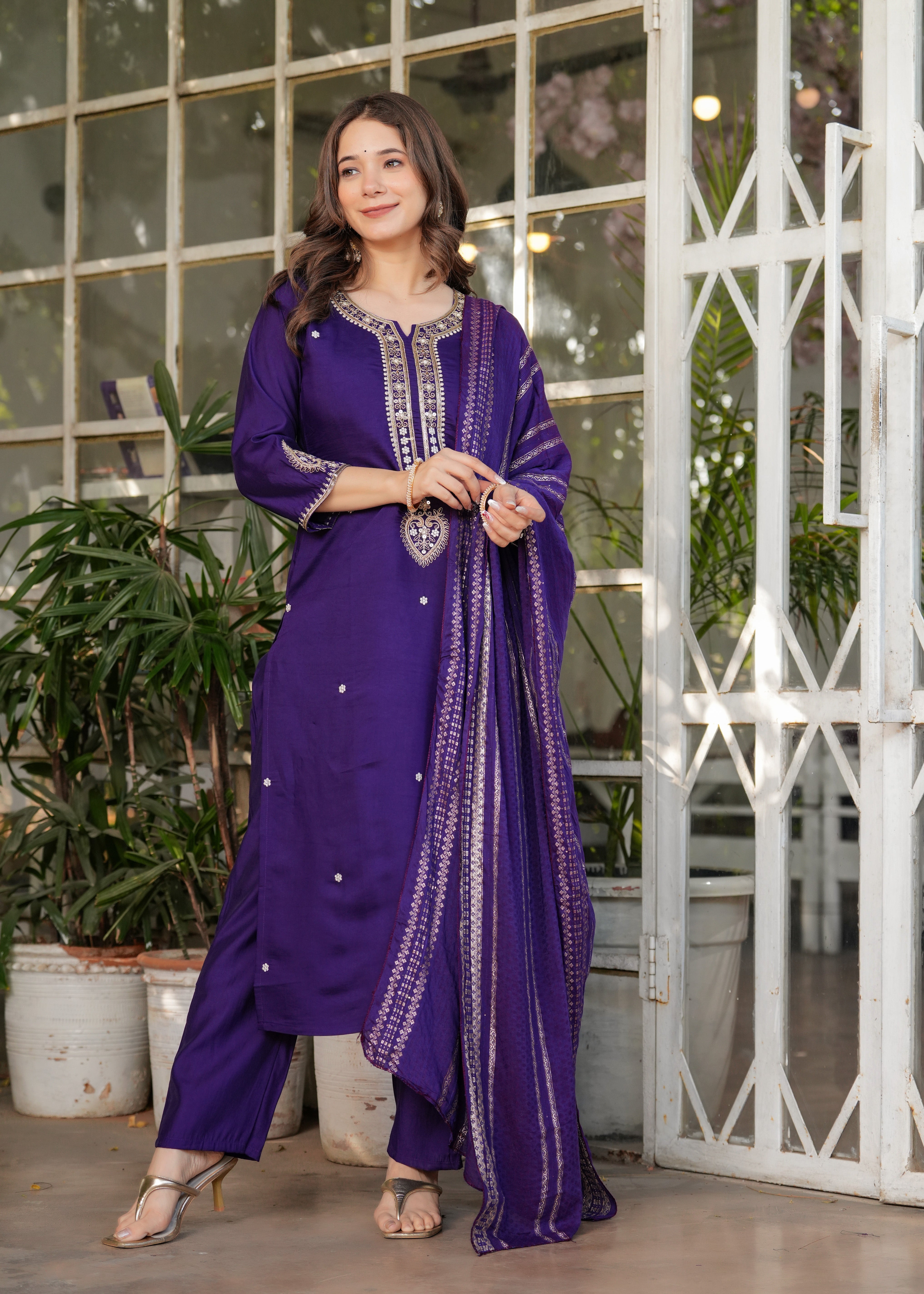 Viscose Chanderi Sequins And Embroidery Work Festive Wear Kurta With Bottom And Dupatta
