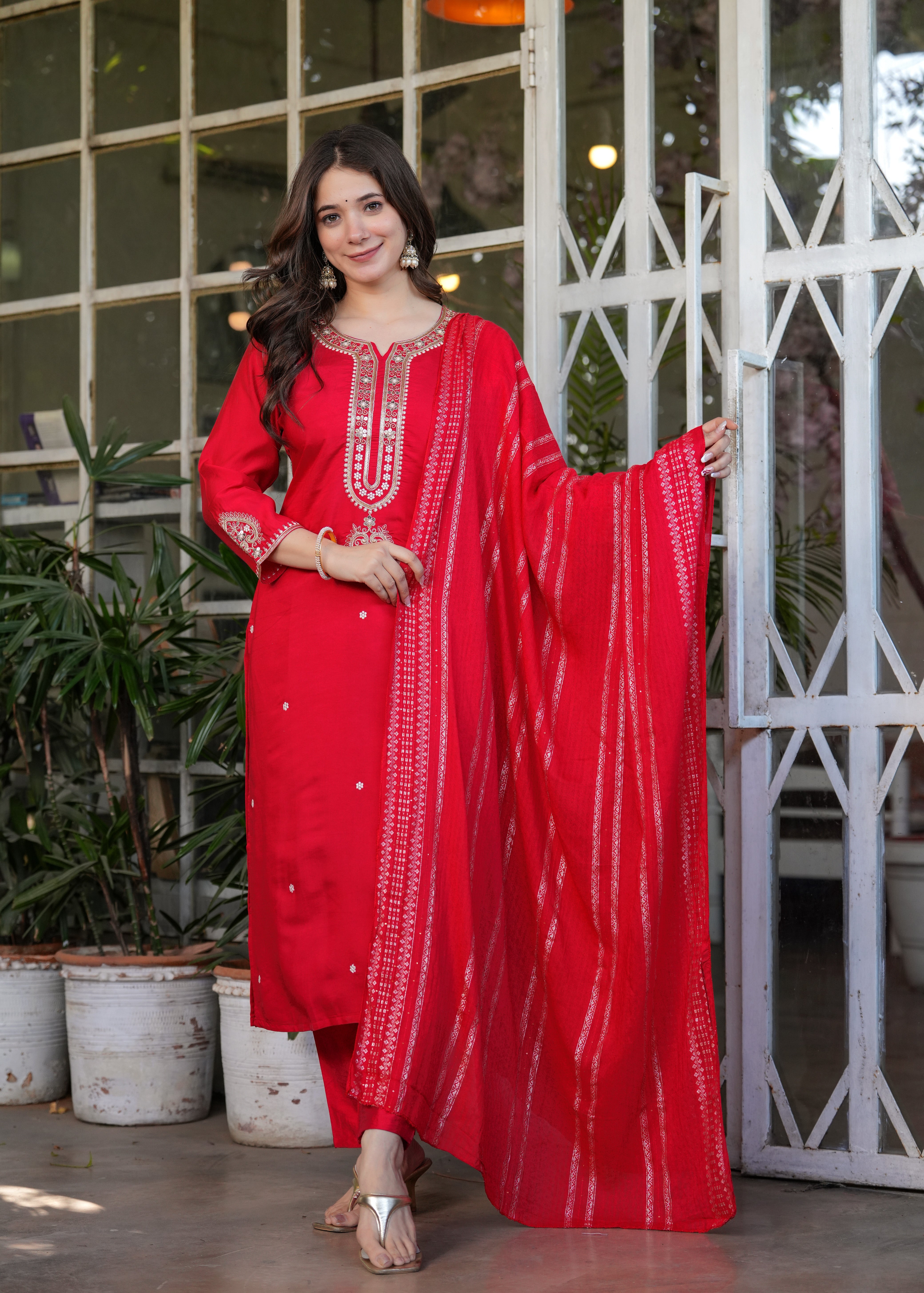 Viscose Chanderi Sequins And Embroidery Work Festive Wear Kurta With Bottom And Dupatta