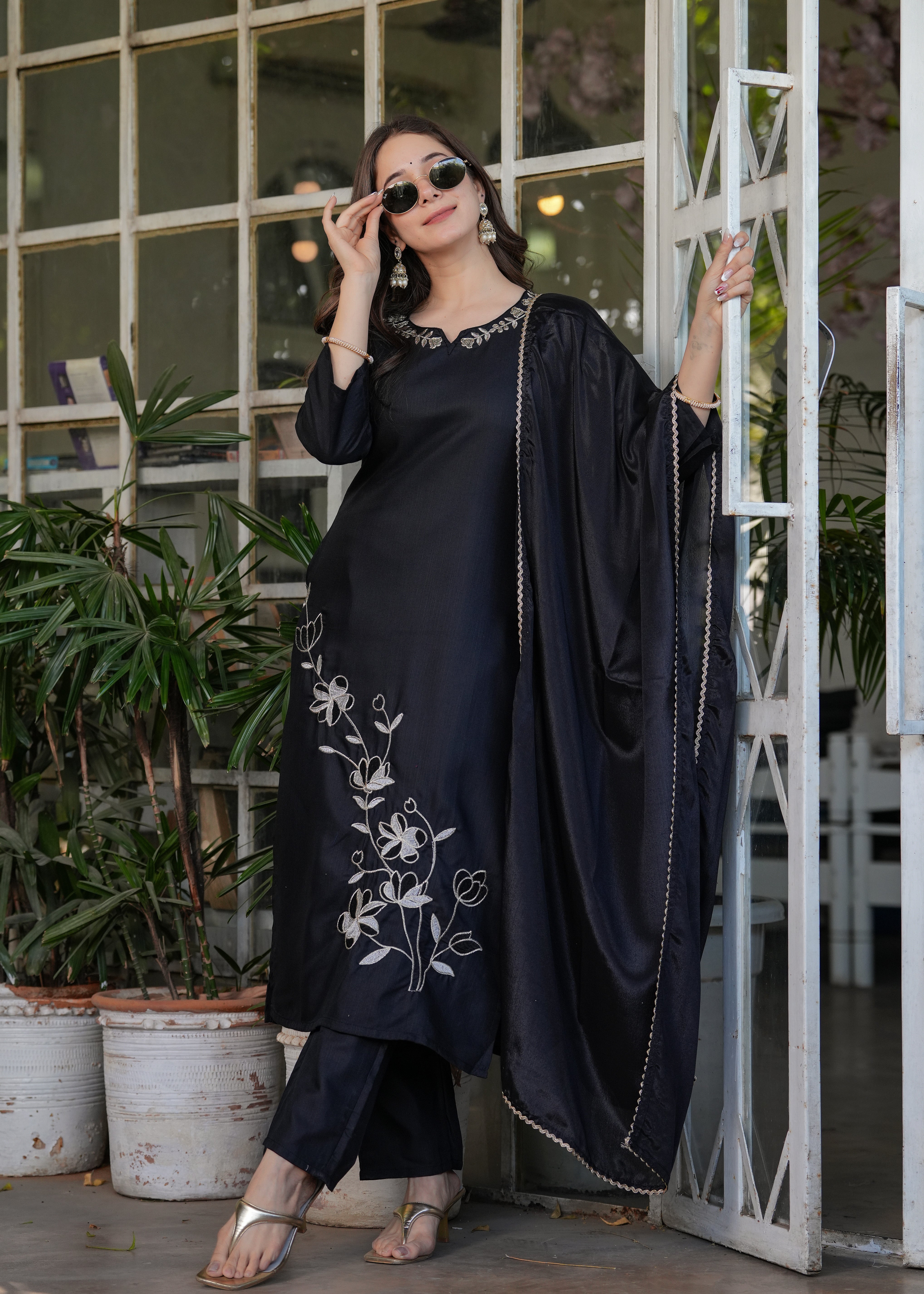 Women’s Viscose Rayon Embroidery Straight Kurta with Pant and Dupatta Set