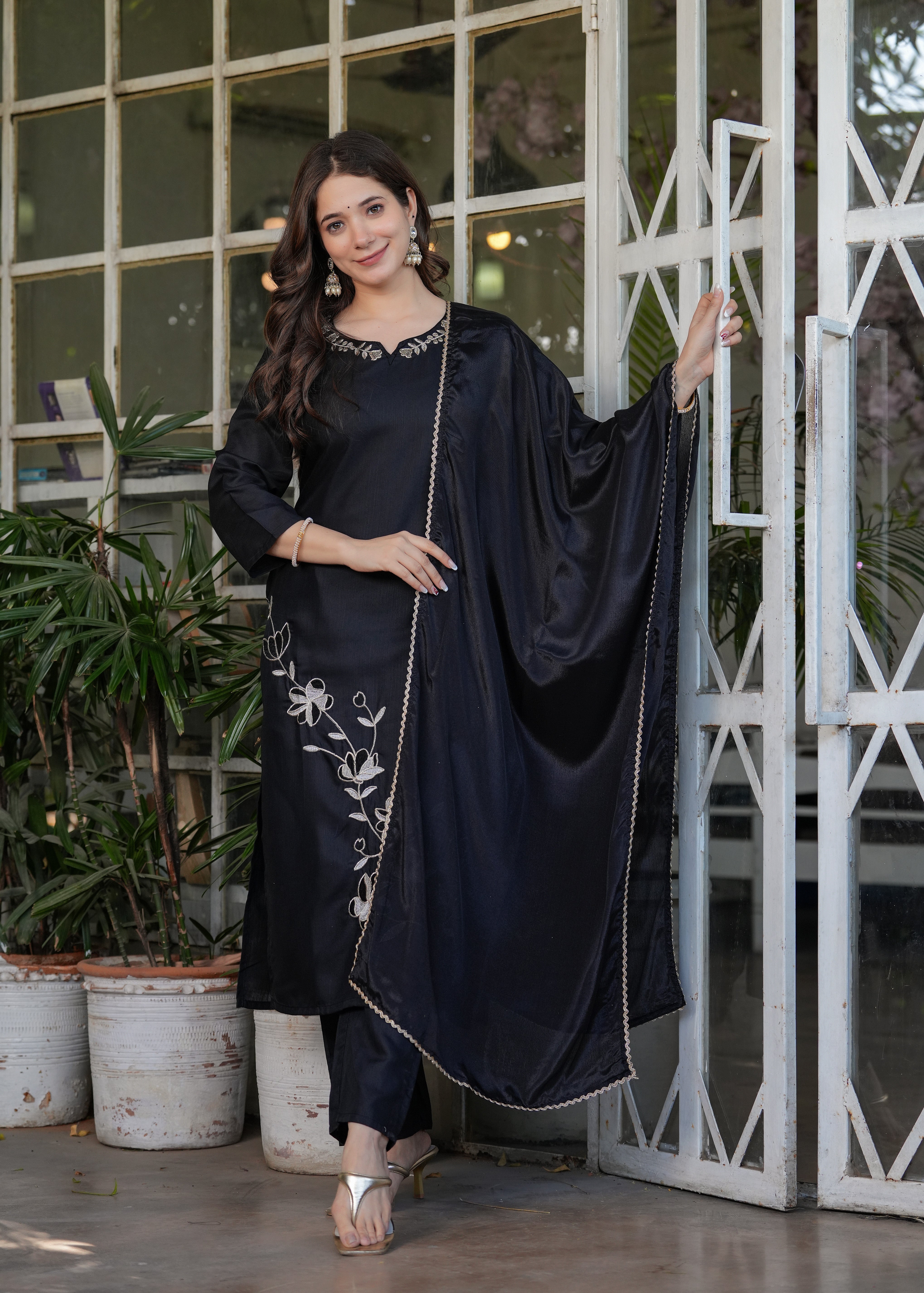 Women’s Viscose Rayon Embroidery Straight Kurta with Pant and Dupatta Set