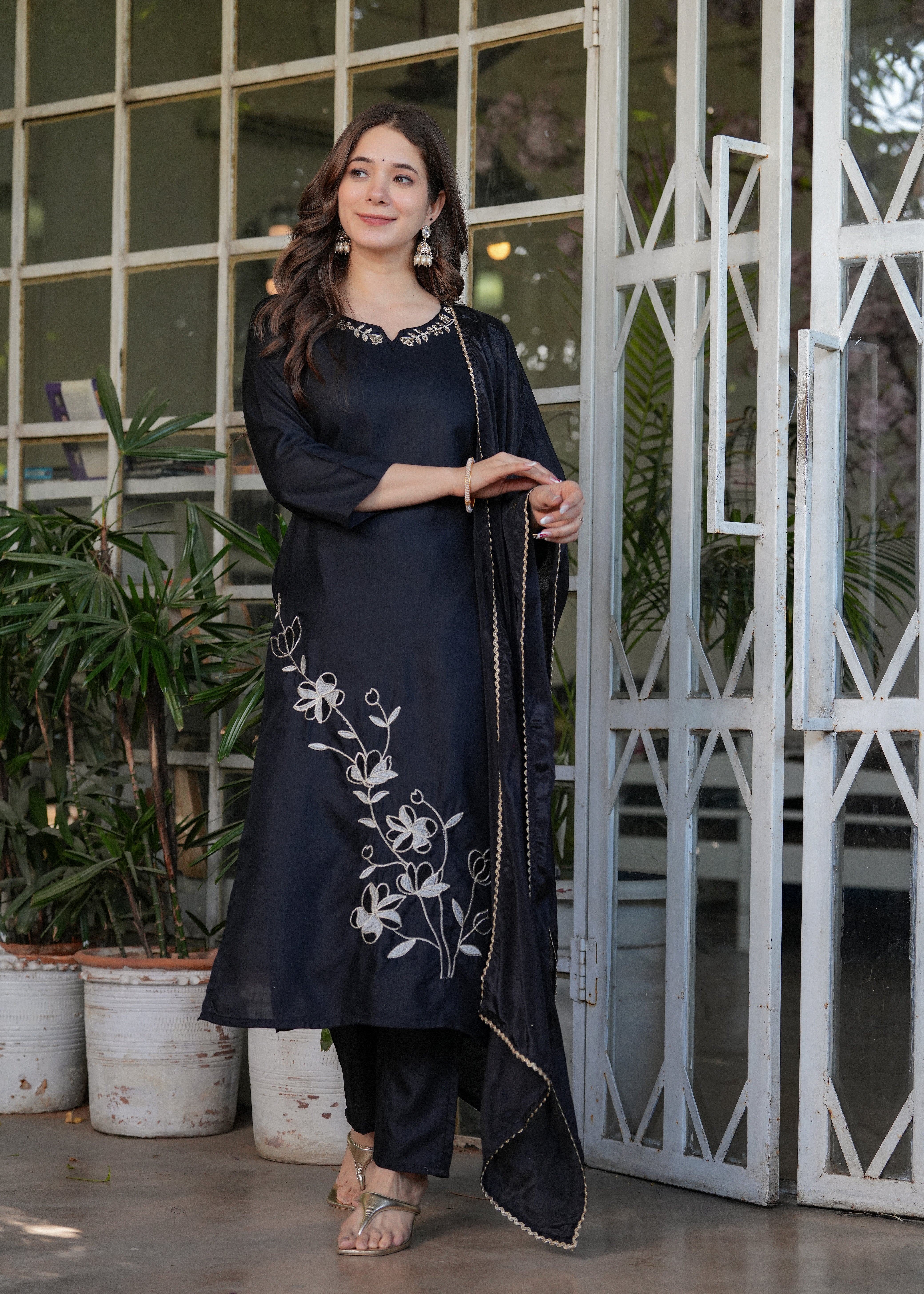 Women’s Viscose Rayon Embroidery Straight Kurta with Pant and Dupatta Set
