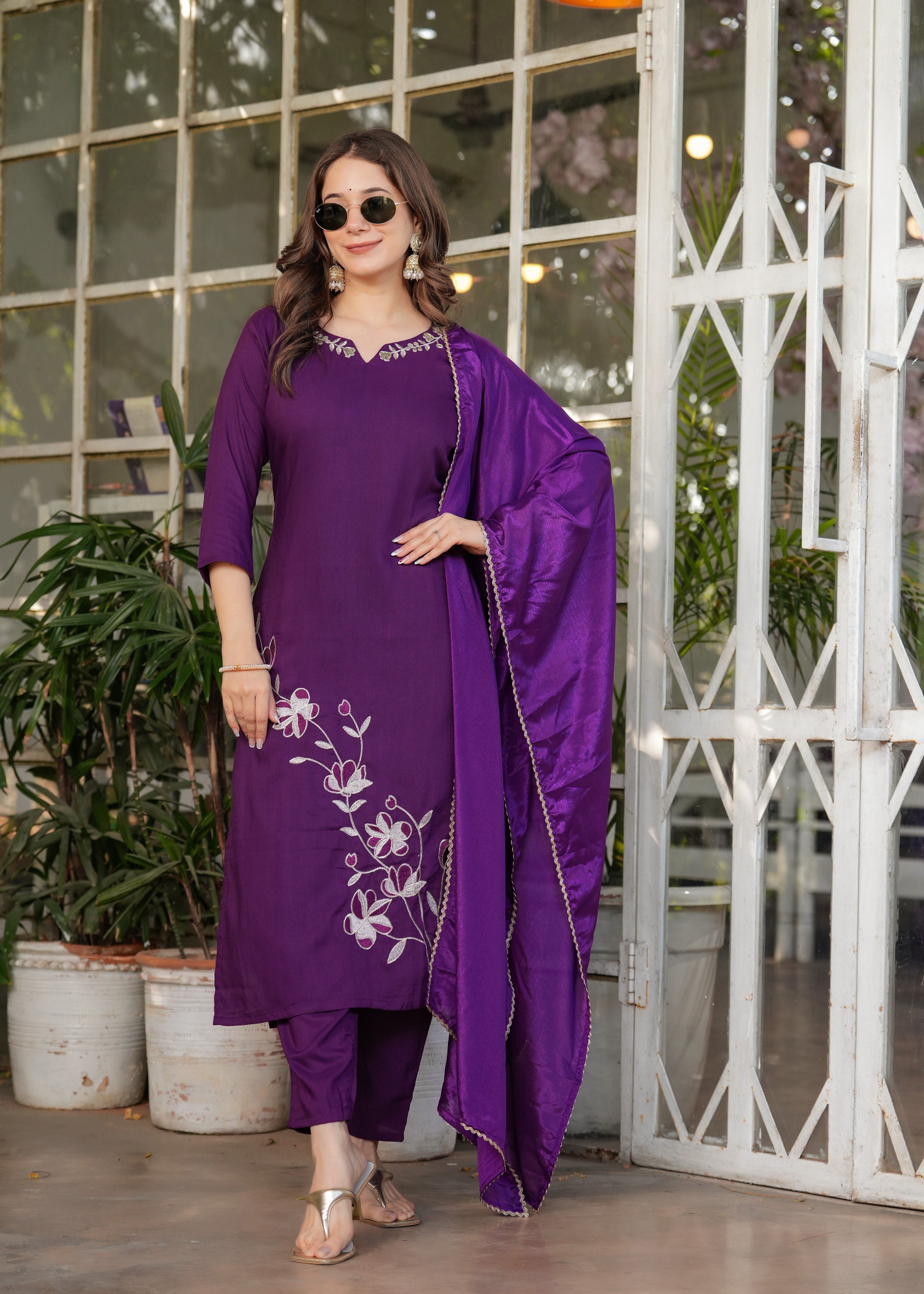 Women’s Viscose Rayon Embroidery Straight Kurta with Pant and Dupatta Set