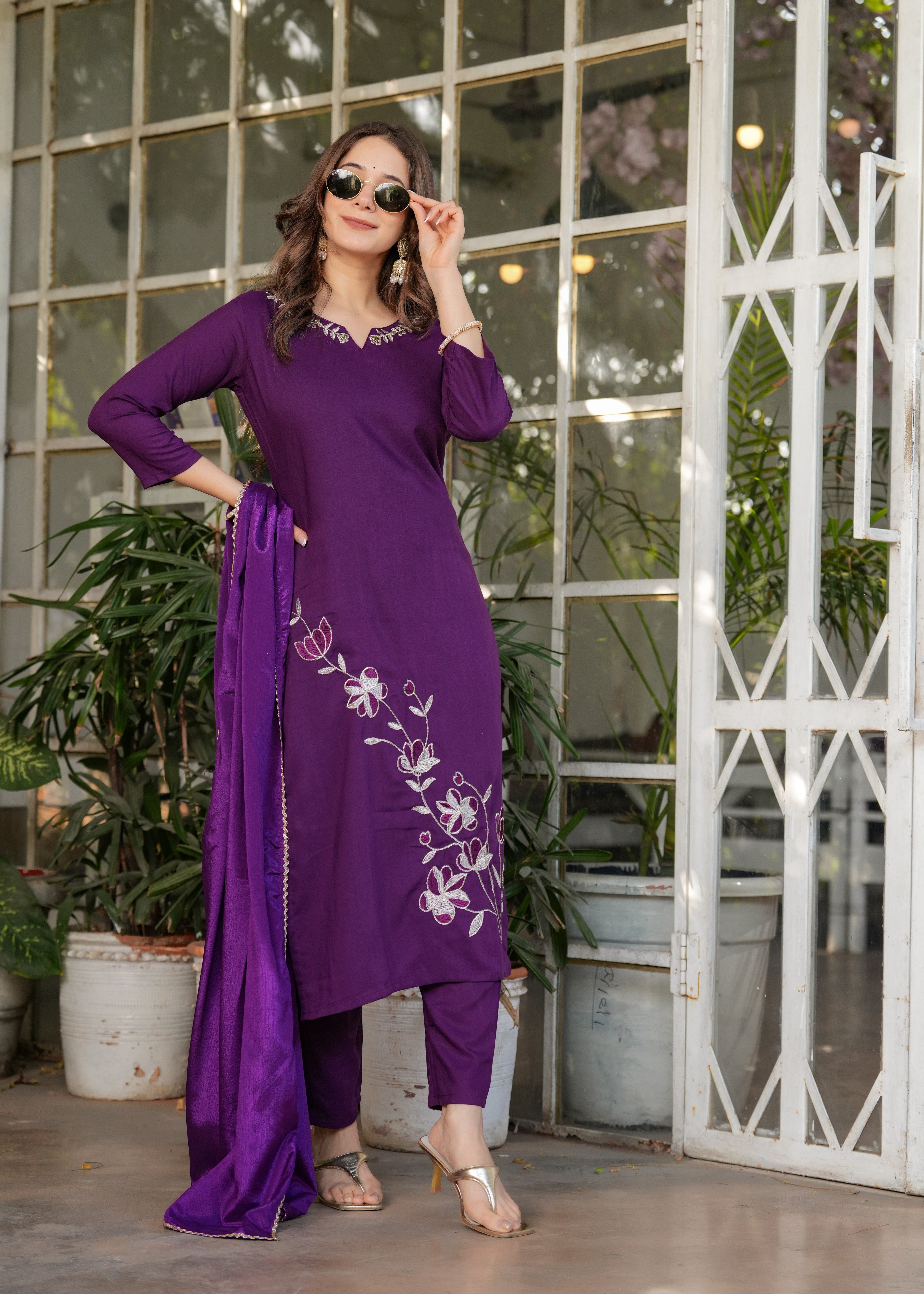 Women’s Viscose Rayon Embroidery Straight Kurta with Pant and Dupatta Set