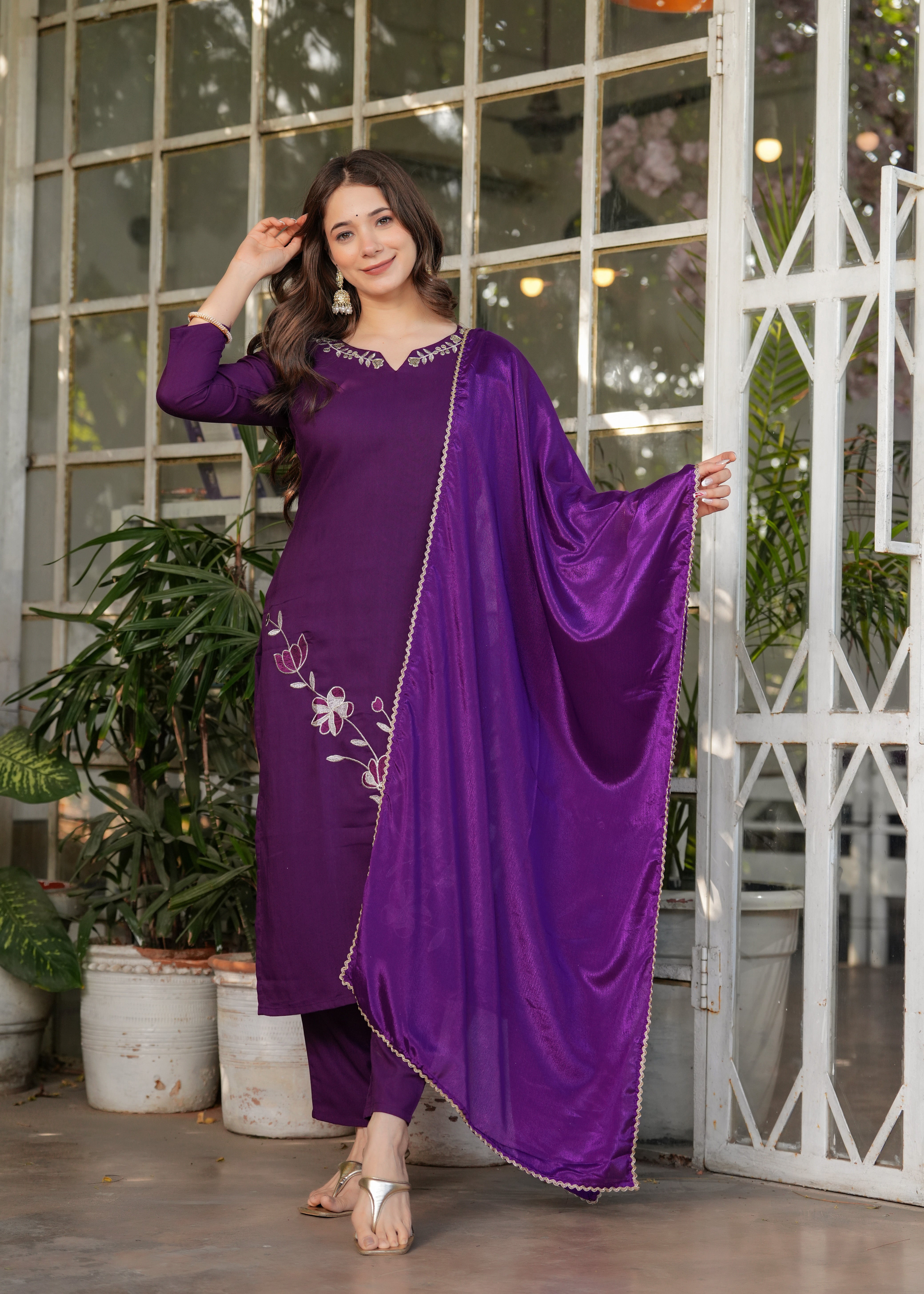 Women’s Viscose Rayon Embroidery Straight Kurta with Pant and Dupatta Set