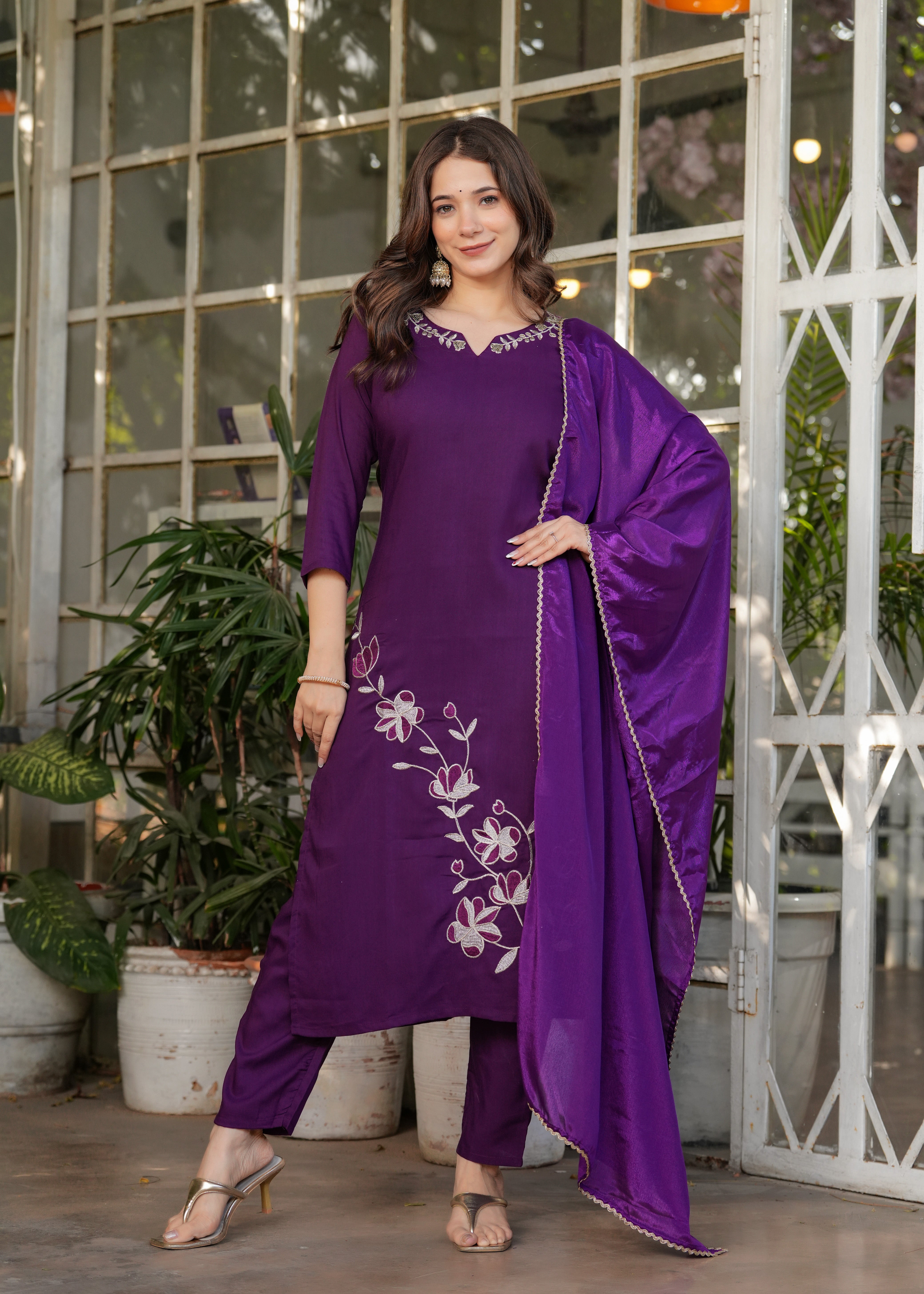 Women’s Viscose Rayon Embroidery Straight Kurta with Pant and Dupatta Set