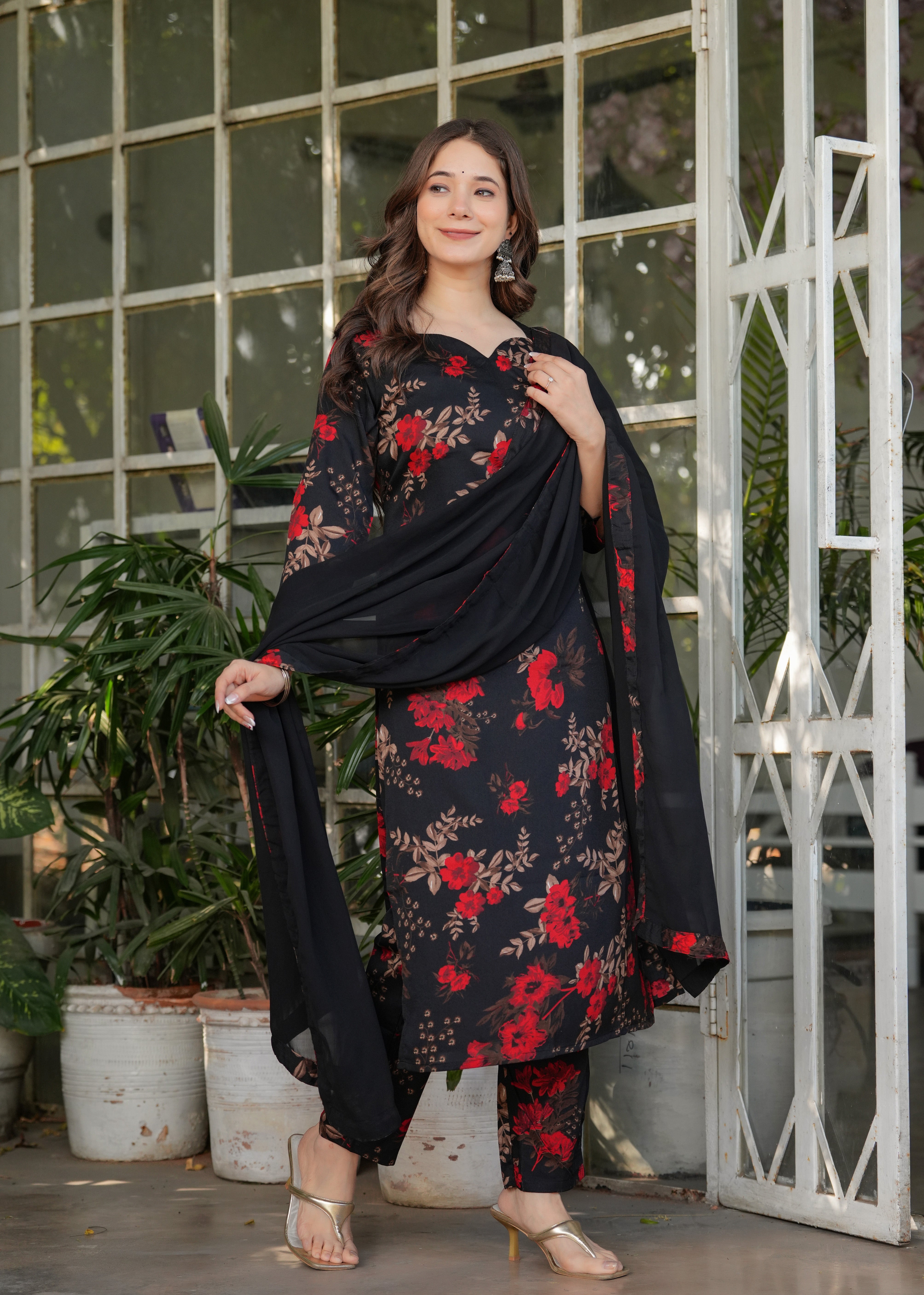 Women's Beautiful Aliya Cut Embroidered Kurti/Gown With Pant and Dupatta Set