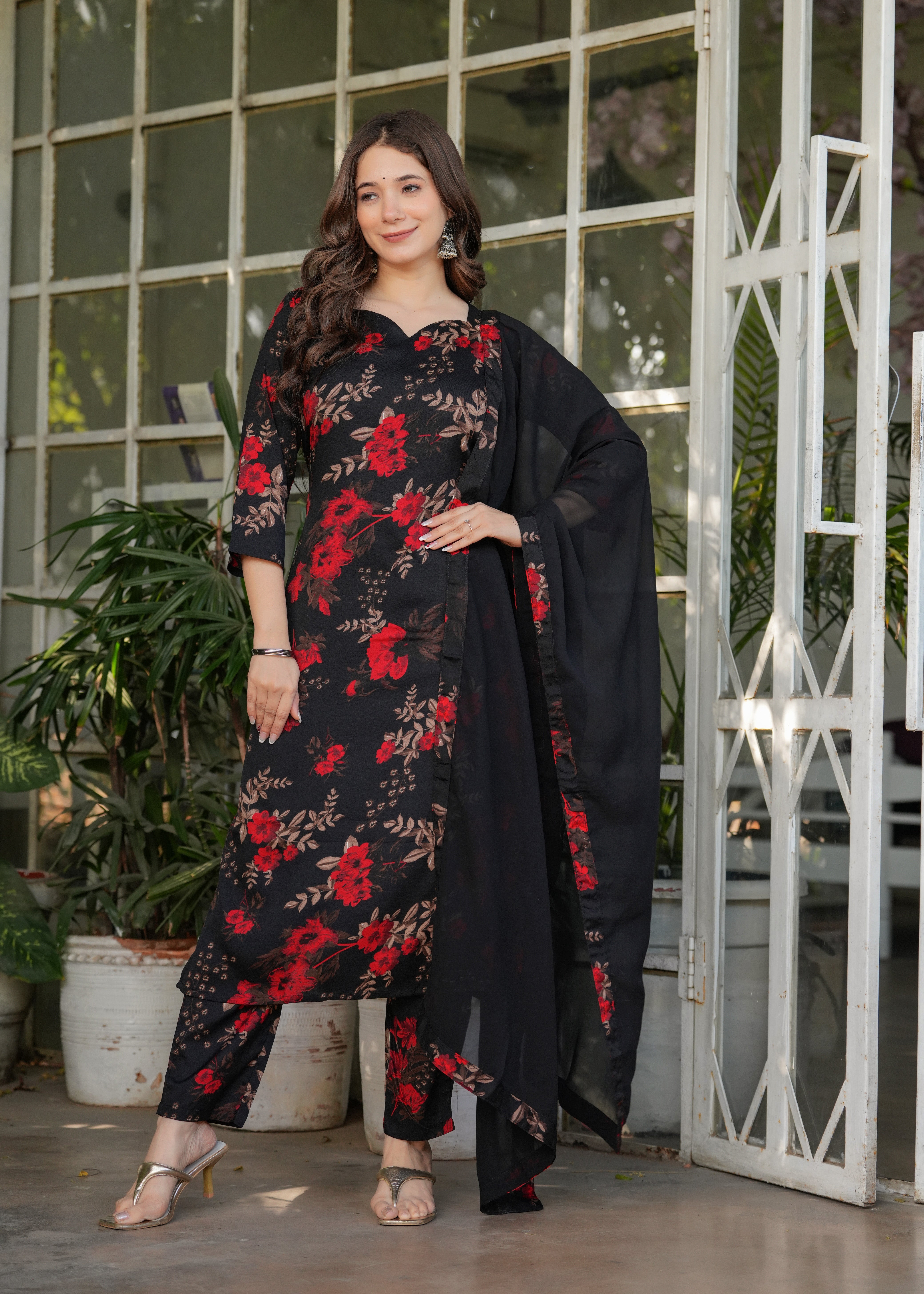 Women's Beautiful Aliya Cut Embroidered Kurti/Gown With Pant and Dupatta Set
