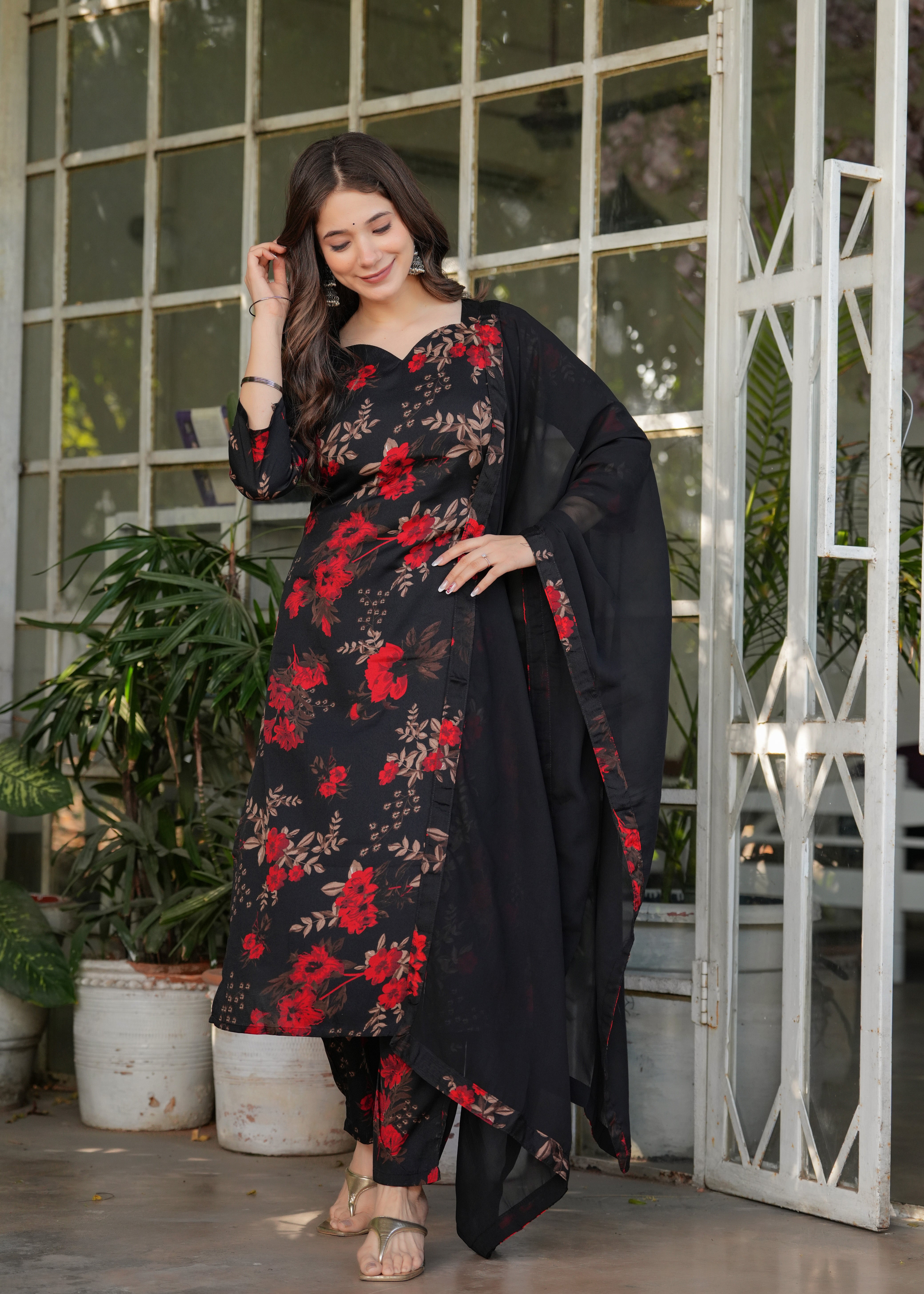 Women's Beautiful Aliya Cut Embroidered Kurti/Gown With Pant and Dupatta Set