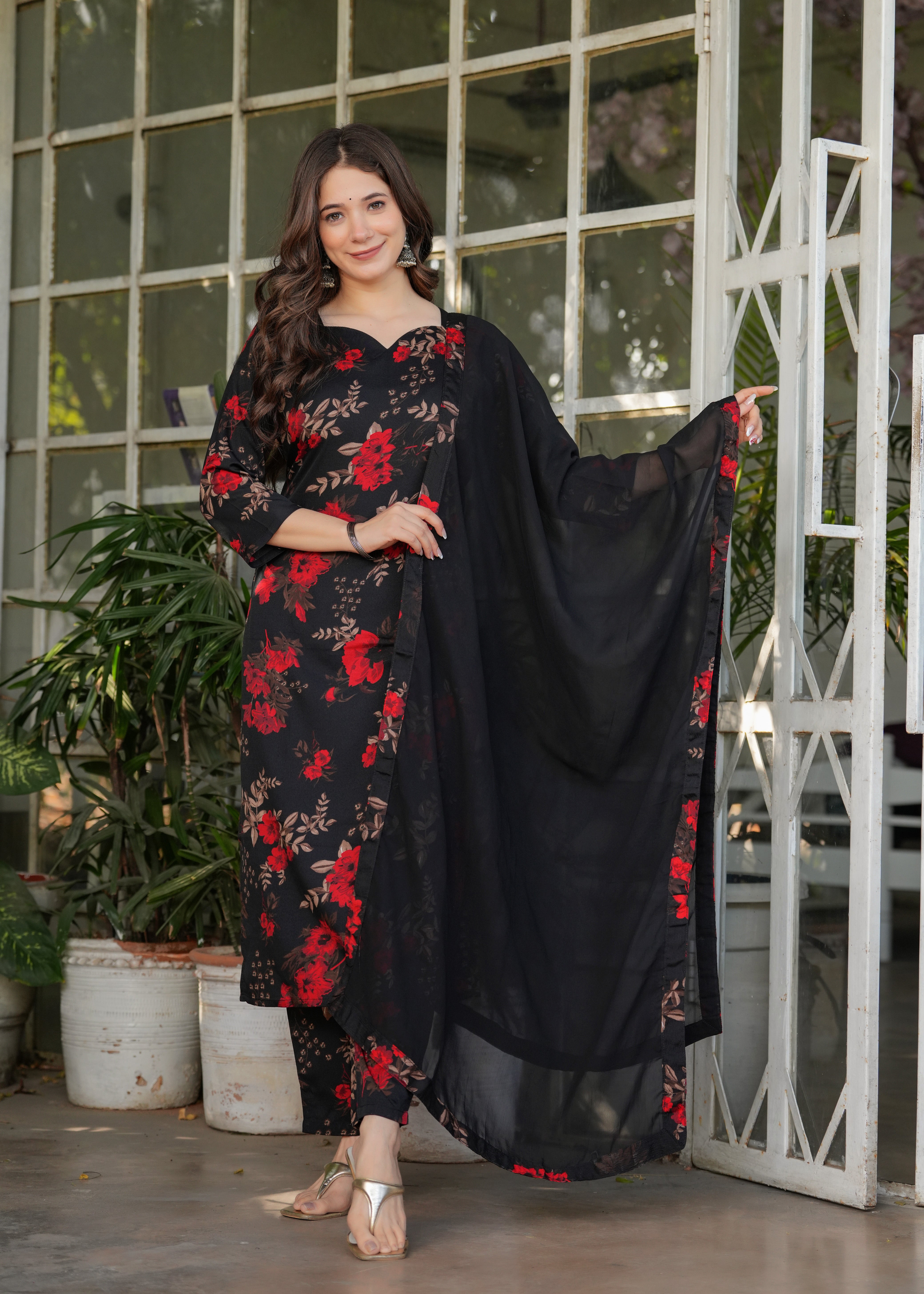 Women's Beautiful Aliya Cut Embroidered Kurti/Gown With Pant and Dupatta Set