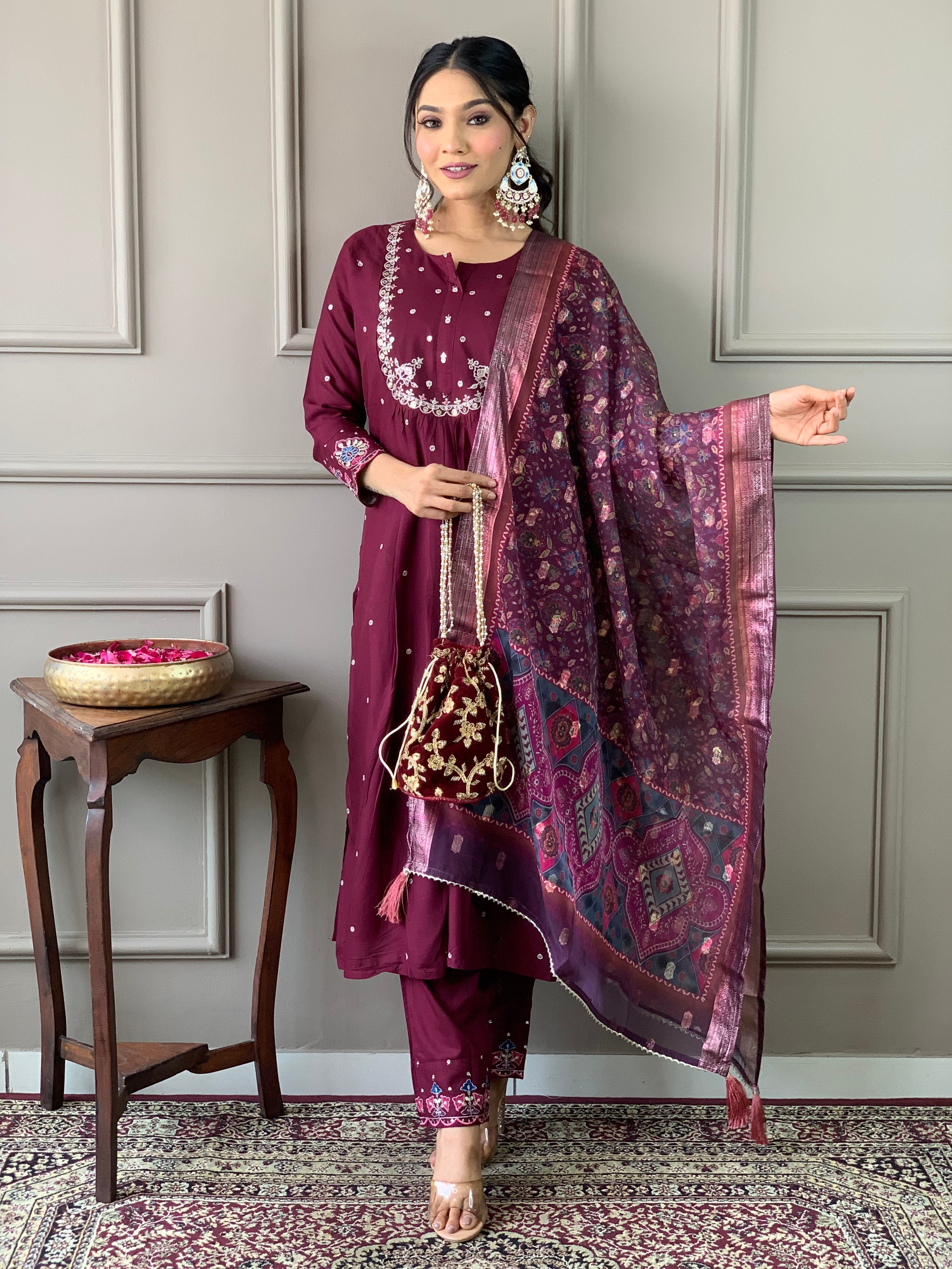 Wine embroidered viscose chanderi fabric straight kurta, pant and jacquard Printed dupatta set