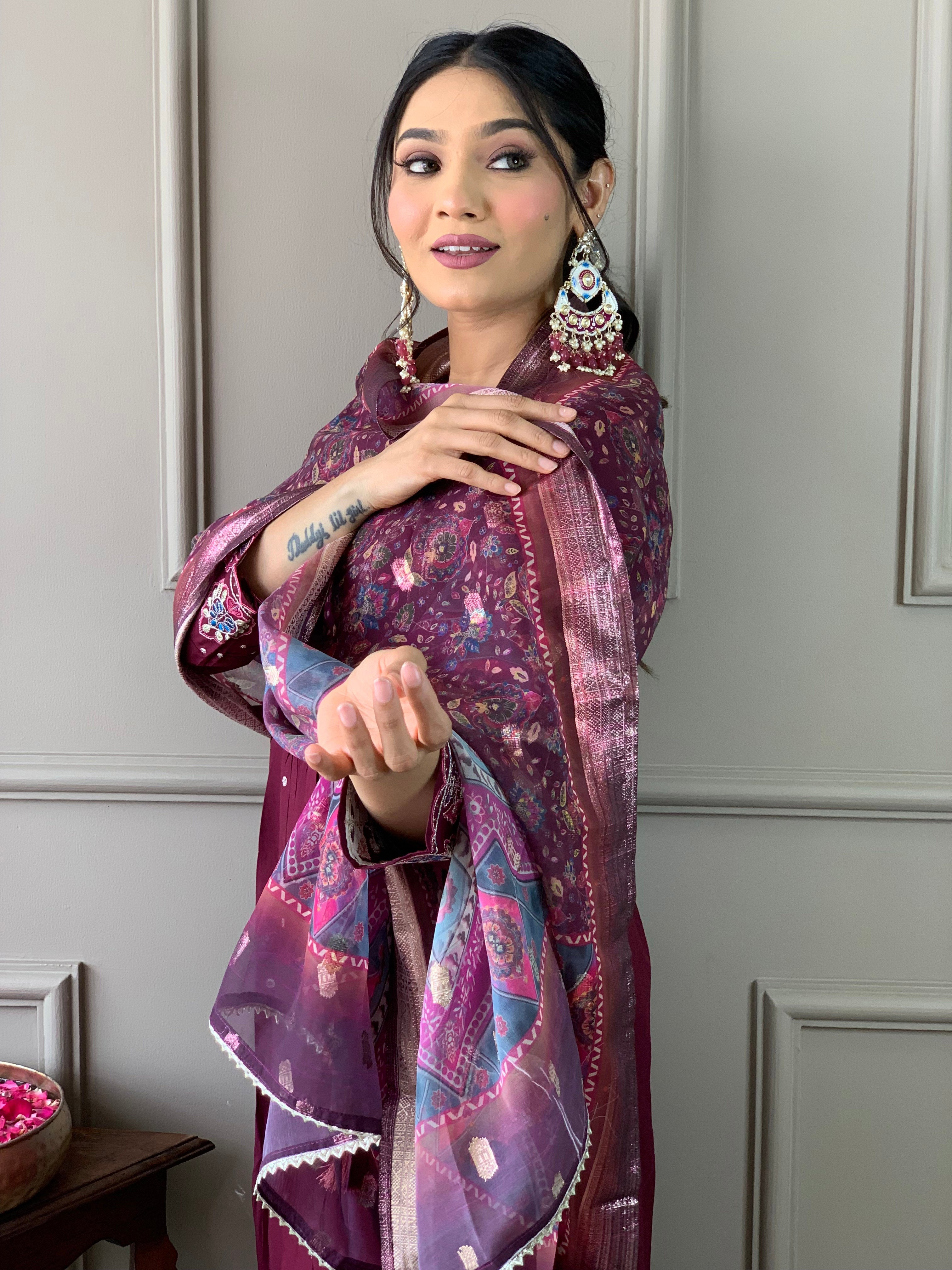 Wine embroidered viscose chanderi fabric straight kurta, pant and jacquard Printed dupatta set