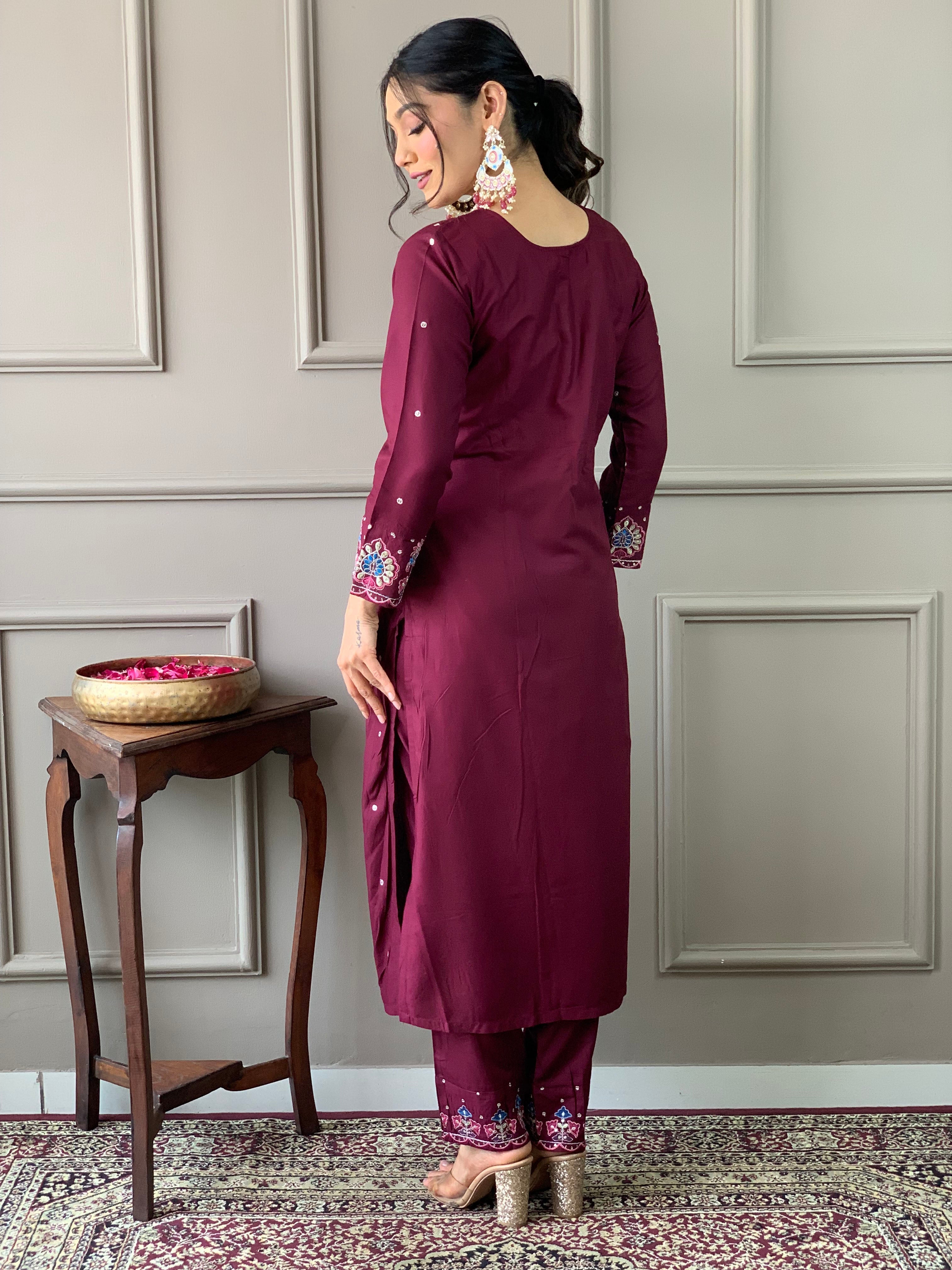 Wine embroidered viscose chanderi fabric straight kurta, pant and jacquard Printed dupatta set