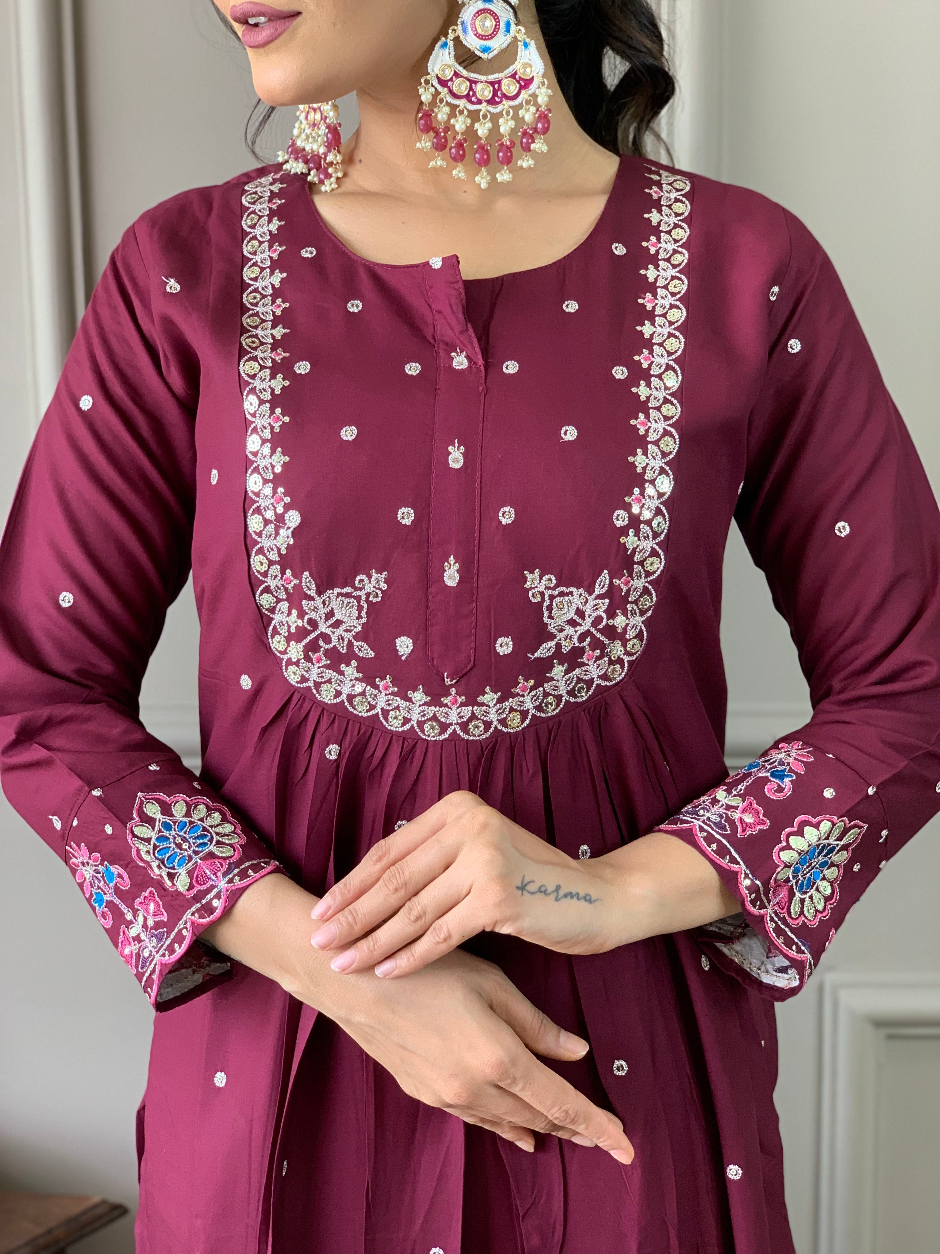 Wine embroidered viscose chanderi fabric straight kurta, pant and jacquard Printed dupatta set