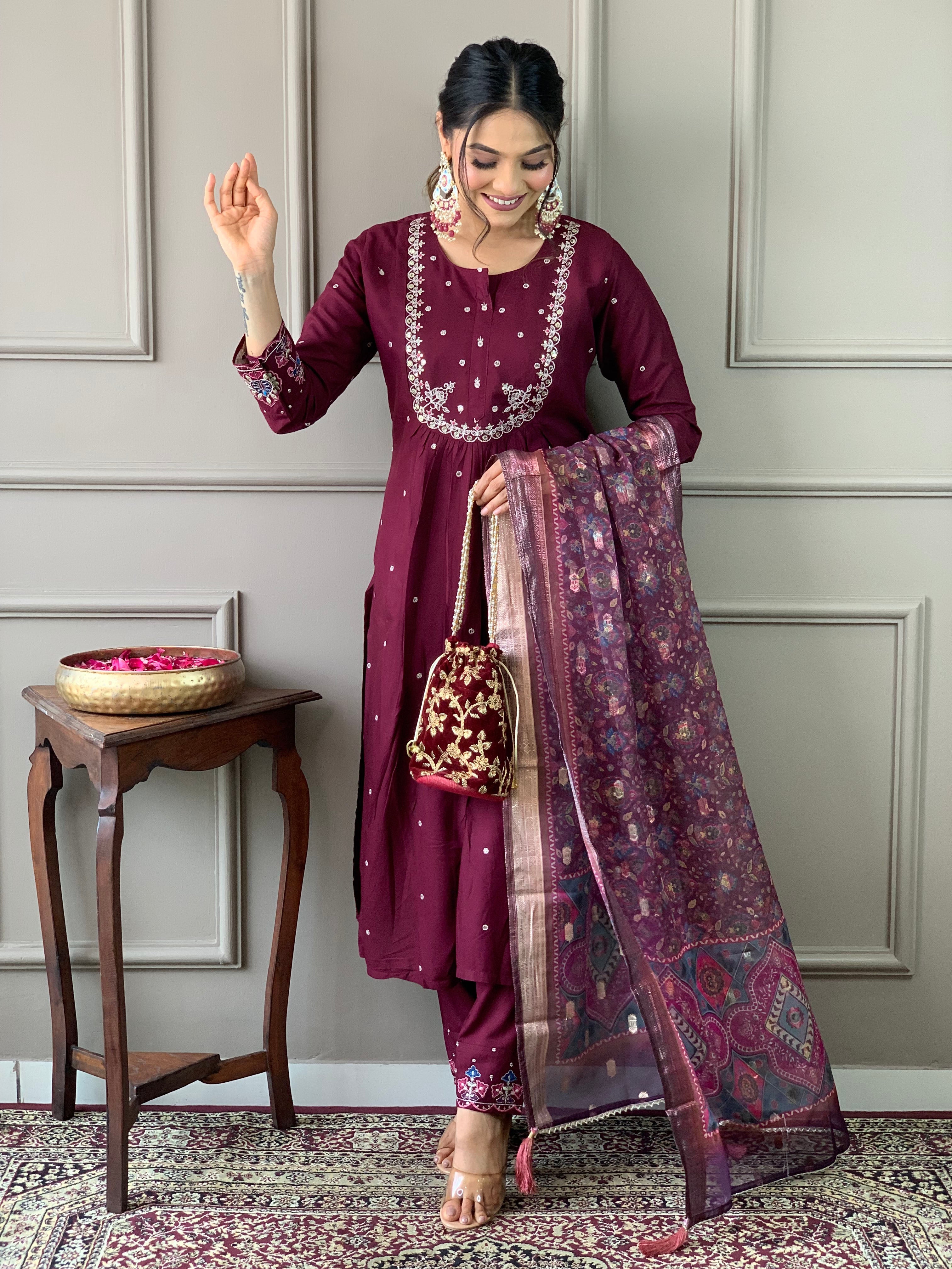 Wine embroidered viscose chanderi fabric straight kurta, pant and jacquard Printed dupatta set