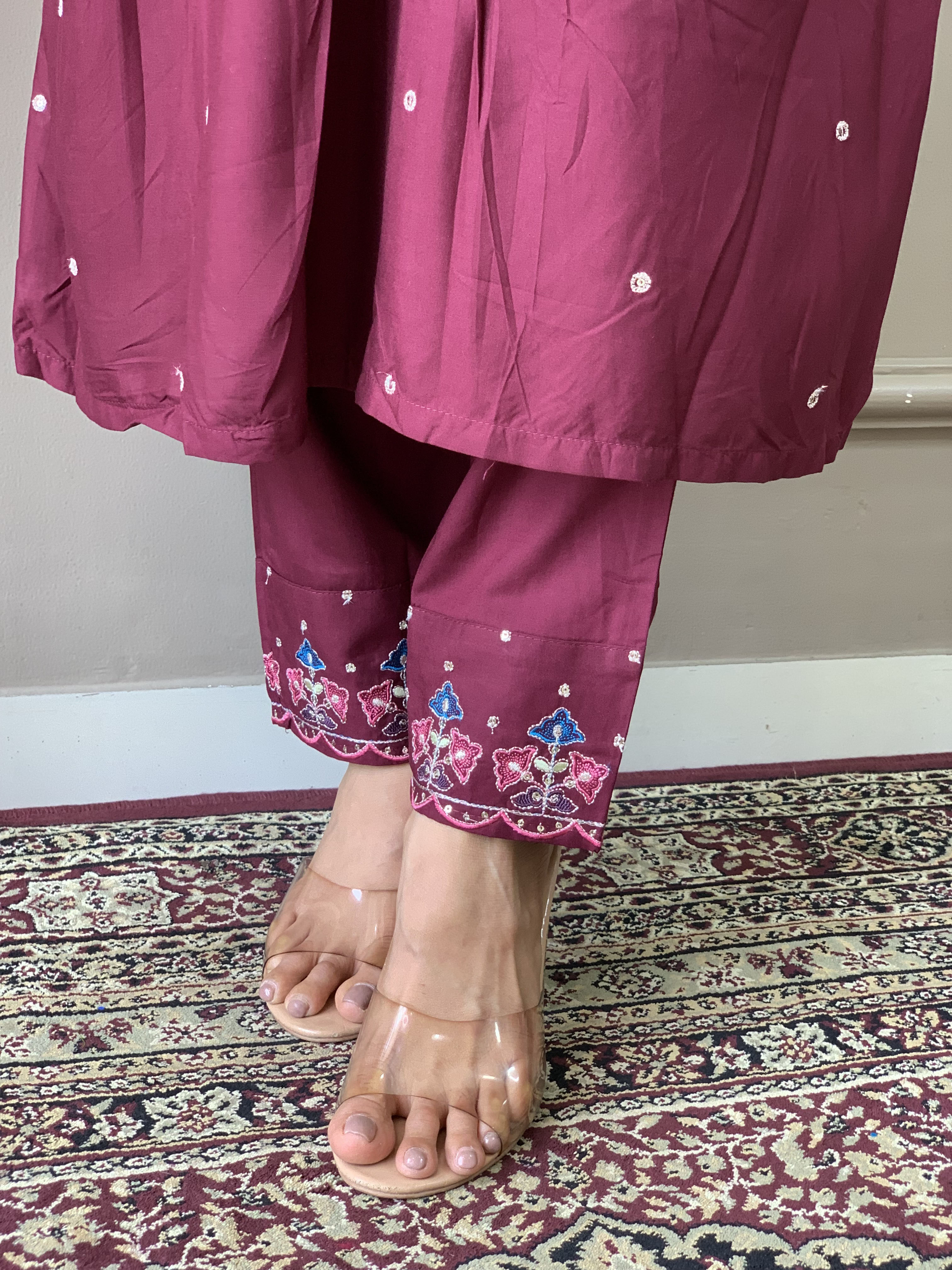 Wine embroidered viscose chanderi fabric straight kurta, pant and jacquard Printed dupatta set