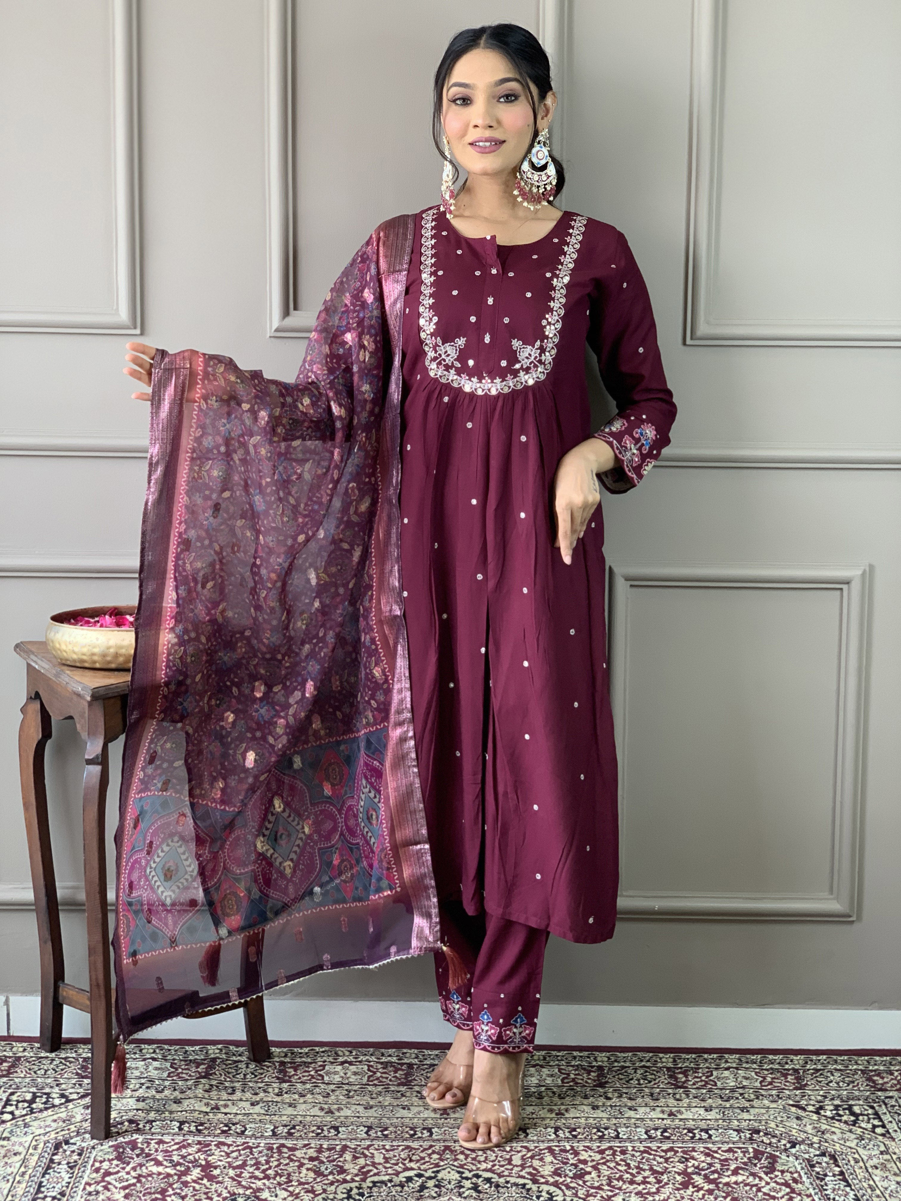 Wine embroidered viscose chanderi fabric straight kurta, pant and jacquard Printed dupatta set