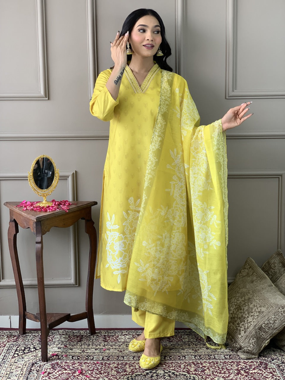Yellow Muslin Printed Party Casual Ready Pant Salwar Kameez
