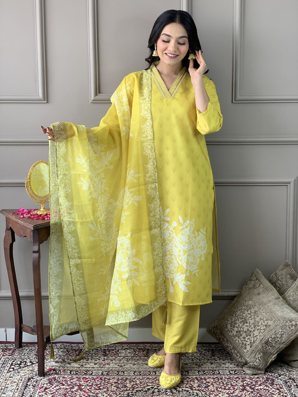 Yellow Muslin Printed Party Casual Ready Pant Salwar Kameez