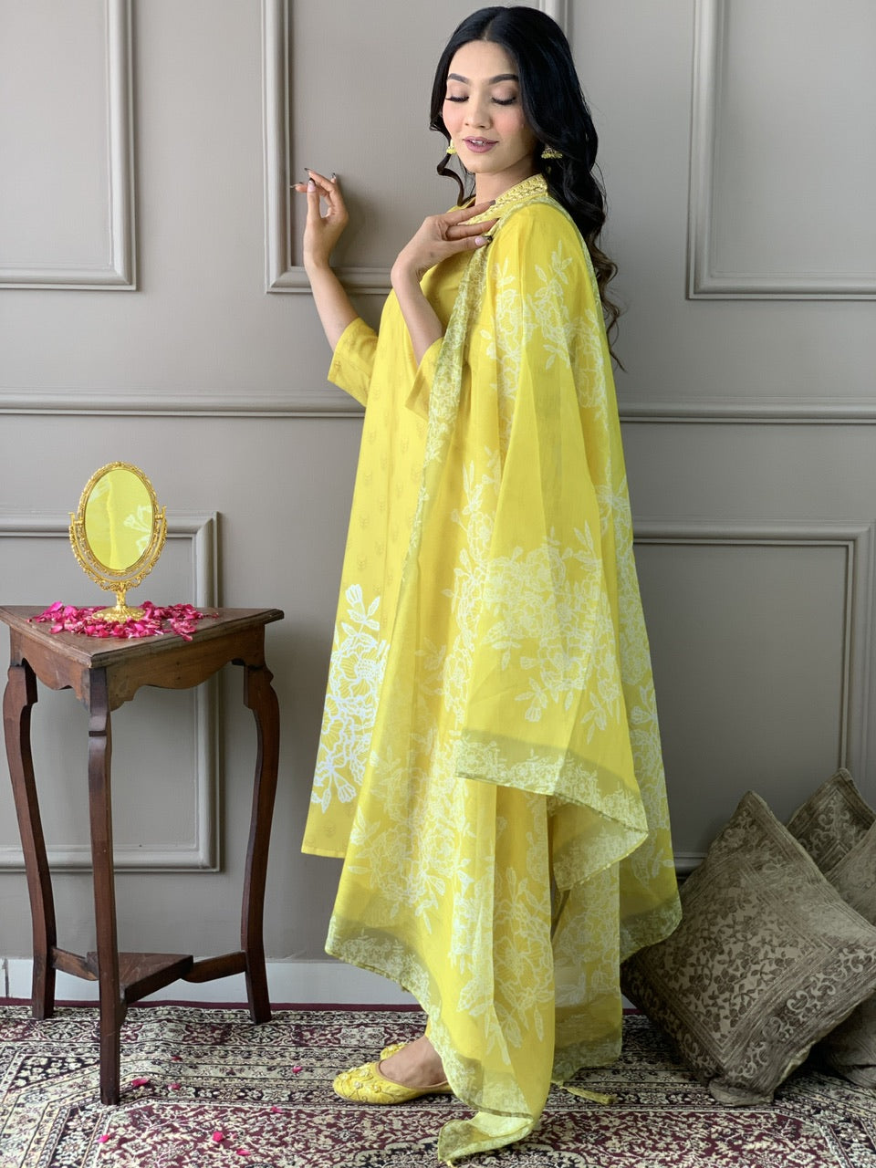 Yellow Muslin Printed Party Casual Ready Pant Salwar Kameez