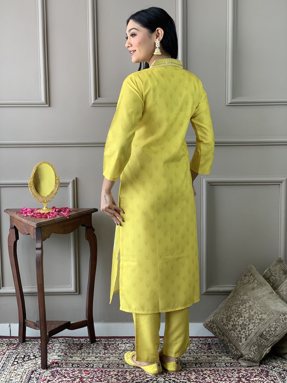 Yellow Muslin Printed Party Casual Ready Pant Salwar Kameez